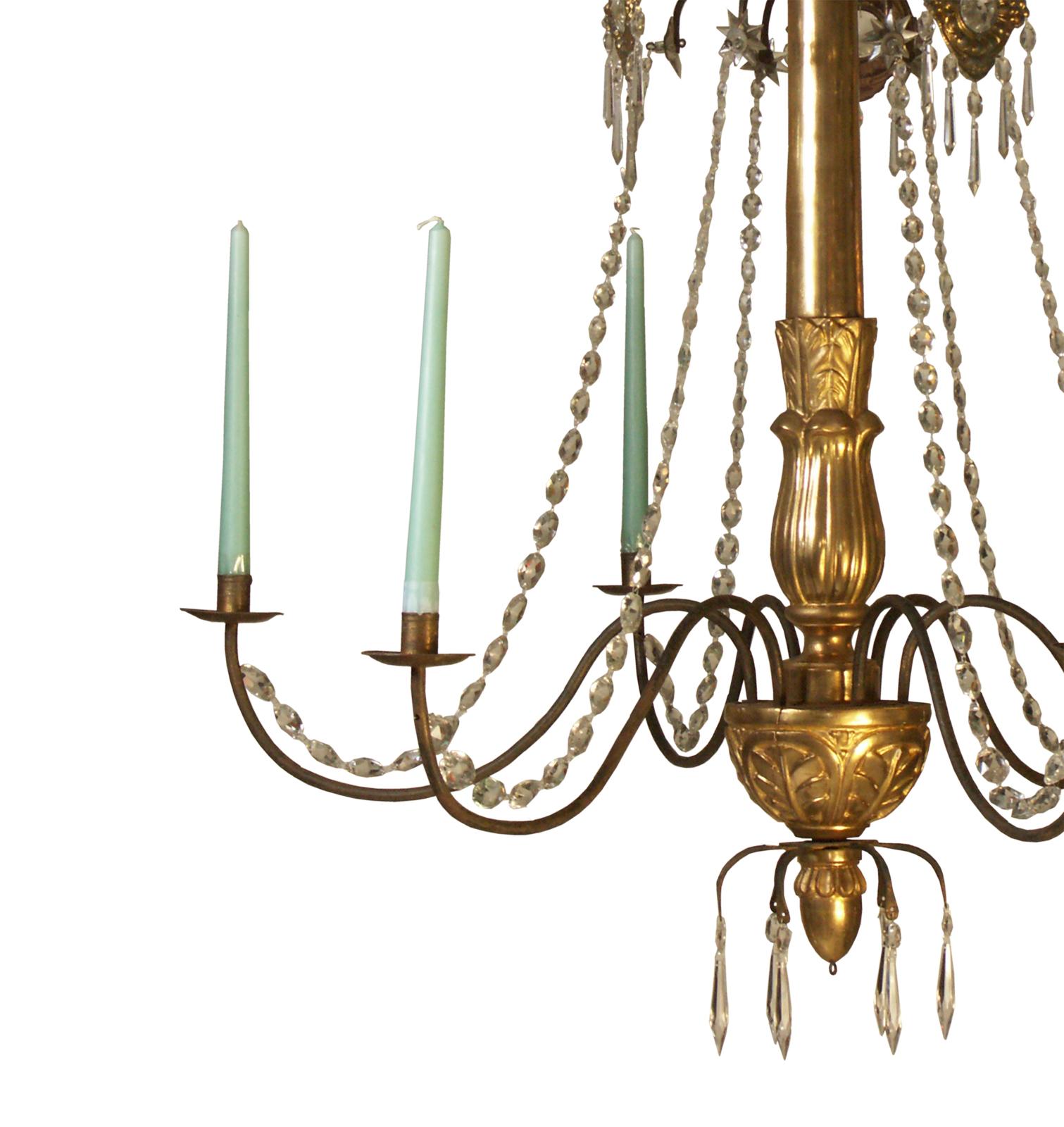 Brass Original Biedermeier Chandelier 19th Century '1850' Carved and Gilded Six Flames For Sale