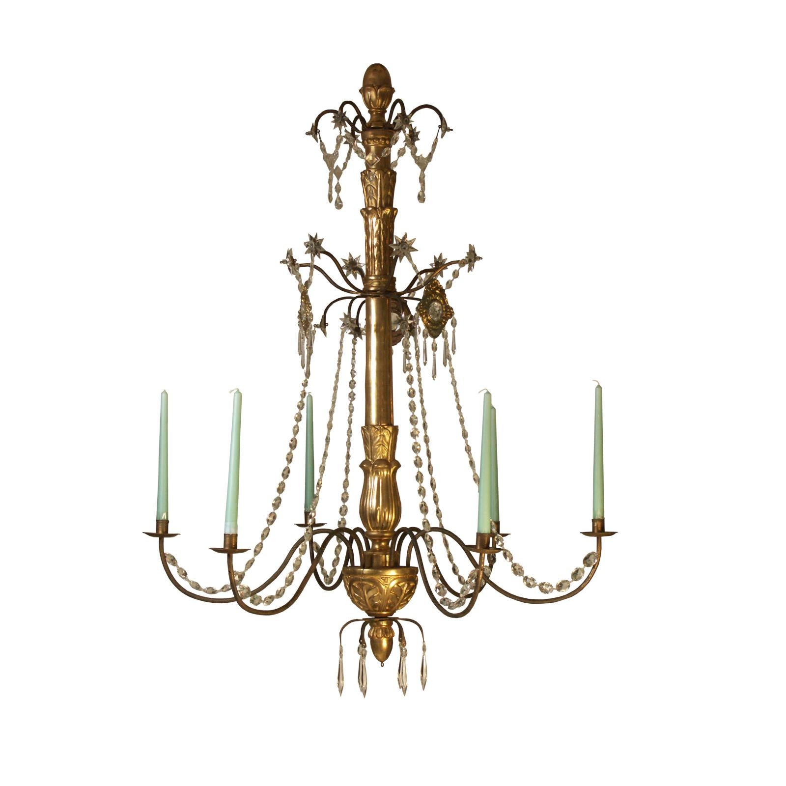 Original Biedermeier Chandelier 19th Century '1850' Carved and Gilded Six Flames For Sale 1