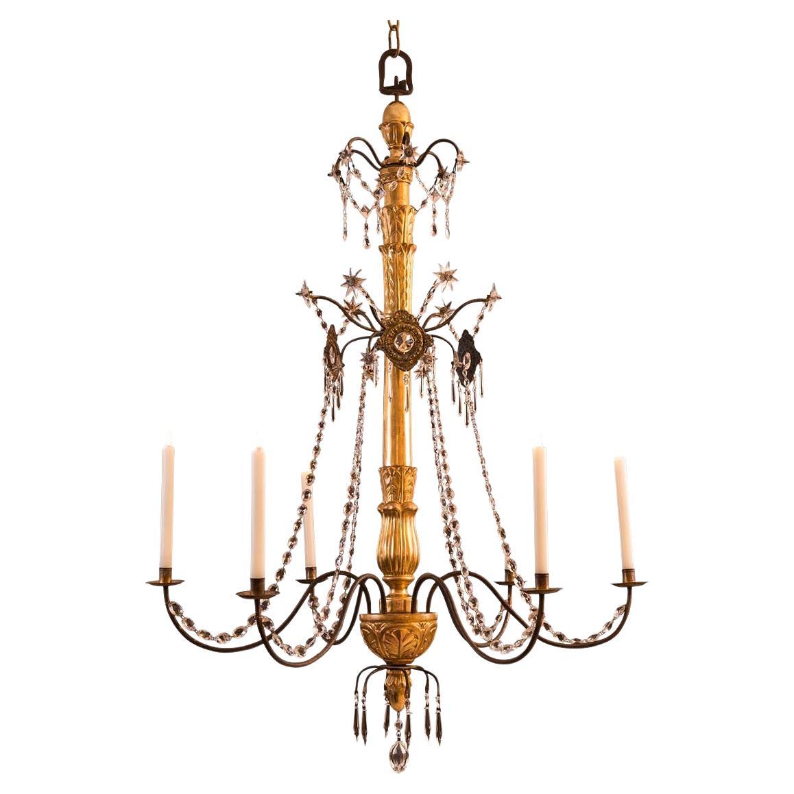 Original Biedermeier Chandelier 19th Century '1850' Carved and Gilded Six Flames For Sale
