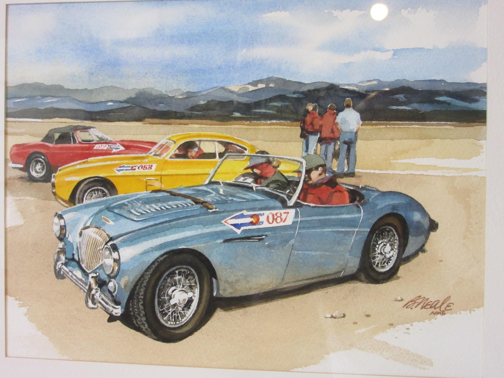 Ein Original-Aquarell des berühmten Bill Neale, der sich in seinen Werken mit Rennsport, historischen Autos und Szenen aus der Perspektive des Fahrers beschäftigt hat. Bills Arbeiten wurden in Publikationen wie Road & Track, Car & Driver, Cavalino