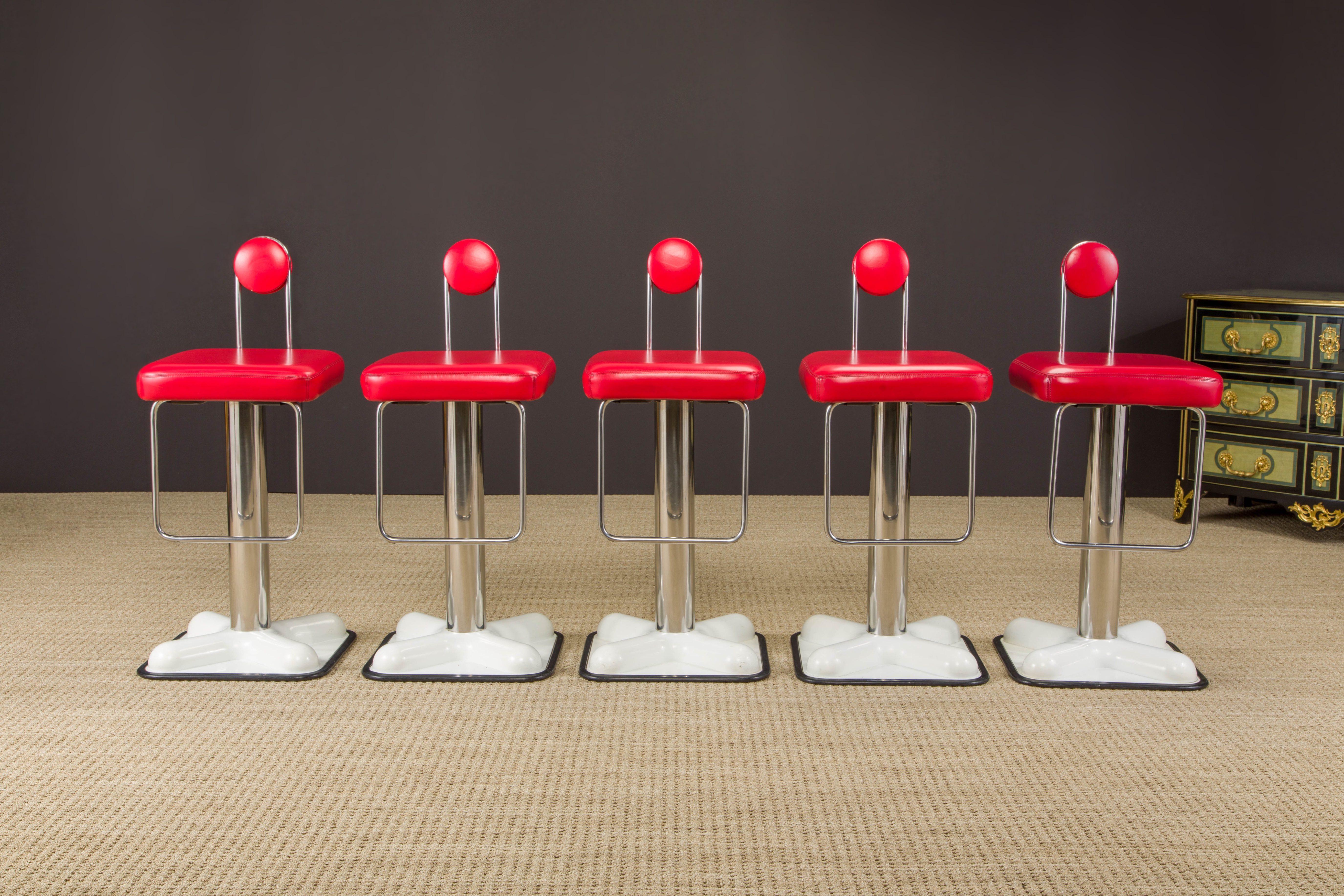 A rare collectors set of five (5) 'Birillo' bar-height barstools designed in 1971 by Joe Colombo for Zanotta, Italy, retailed by ICF New York. Signed underneath with Zanotta embossed logo and design information on each chair and ICF New York