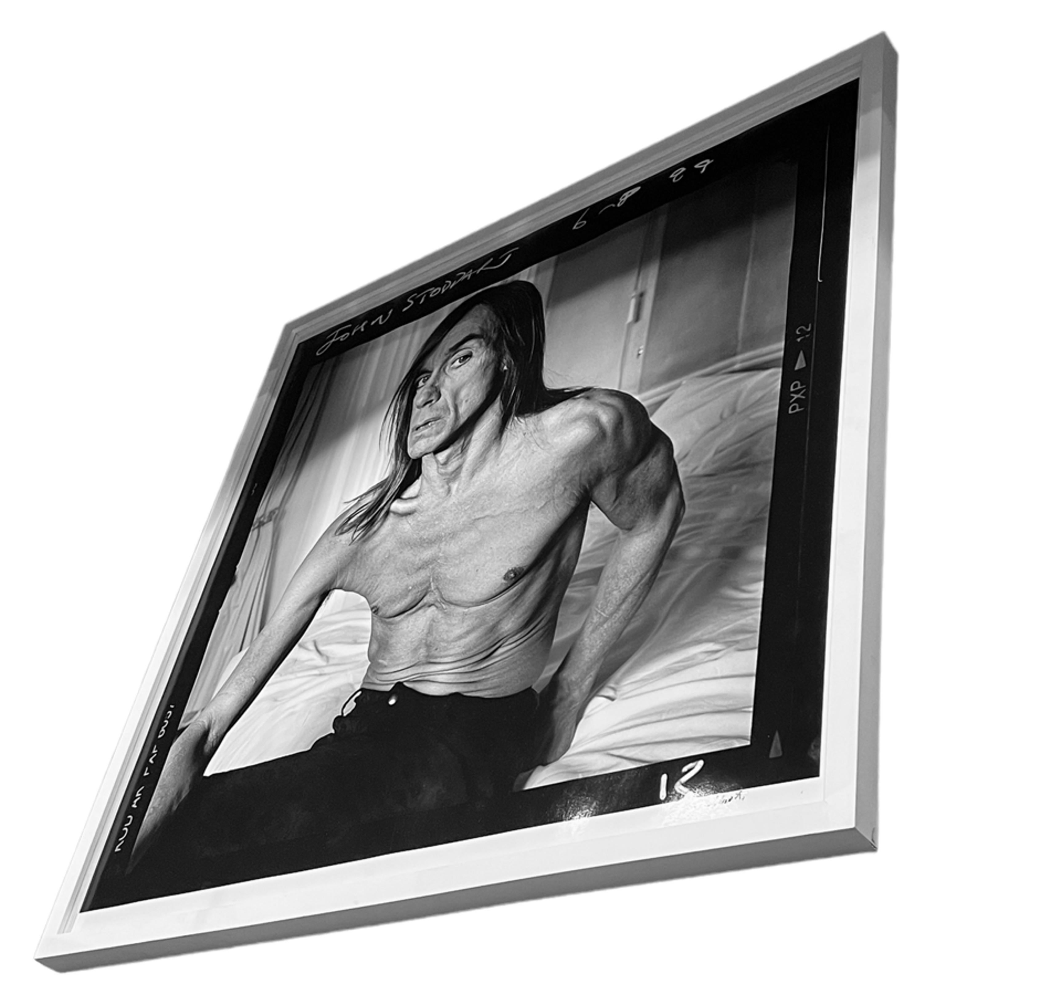 Introducing an original black and white photograph featuring the iconic Iggy Pop, captured by celebrated photographer John Stoddart in 1999. This striking image offers an intimate glimpse into the enigmatic persona of the legendary musician.

The
