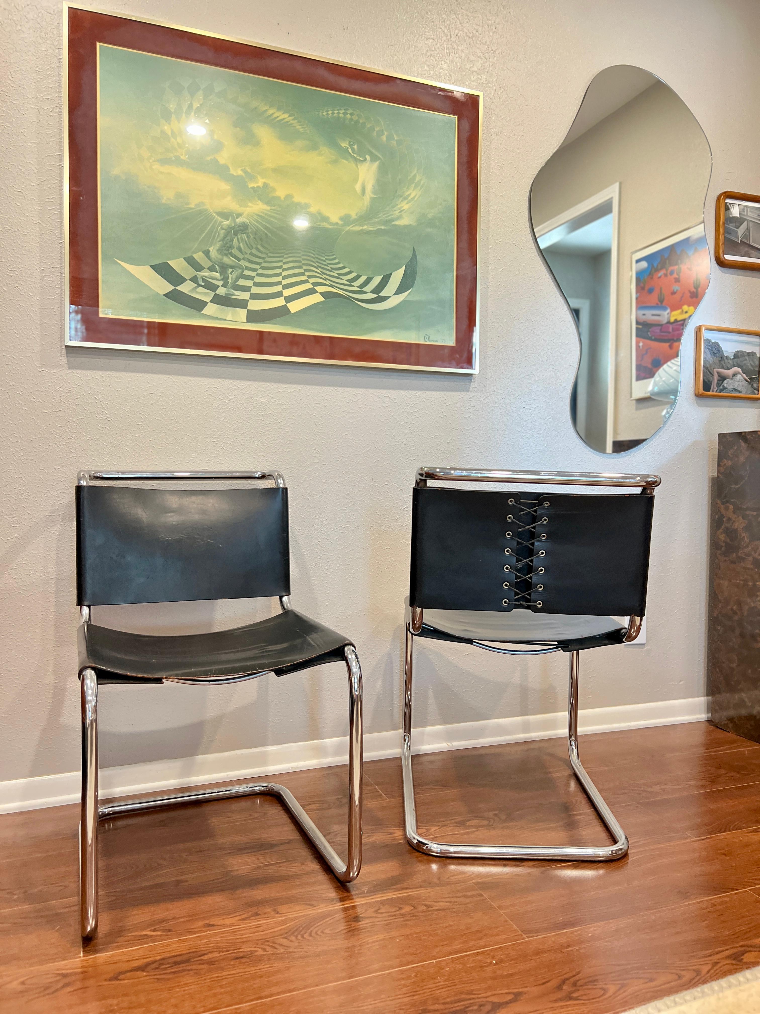 Mid-20th Century Original Black Leather Pair of Gavina B33 Chairs by Marcel Breuer with Corset For Sale