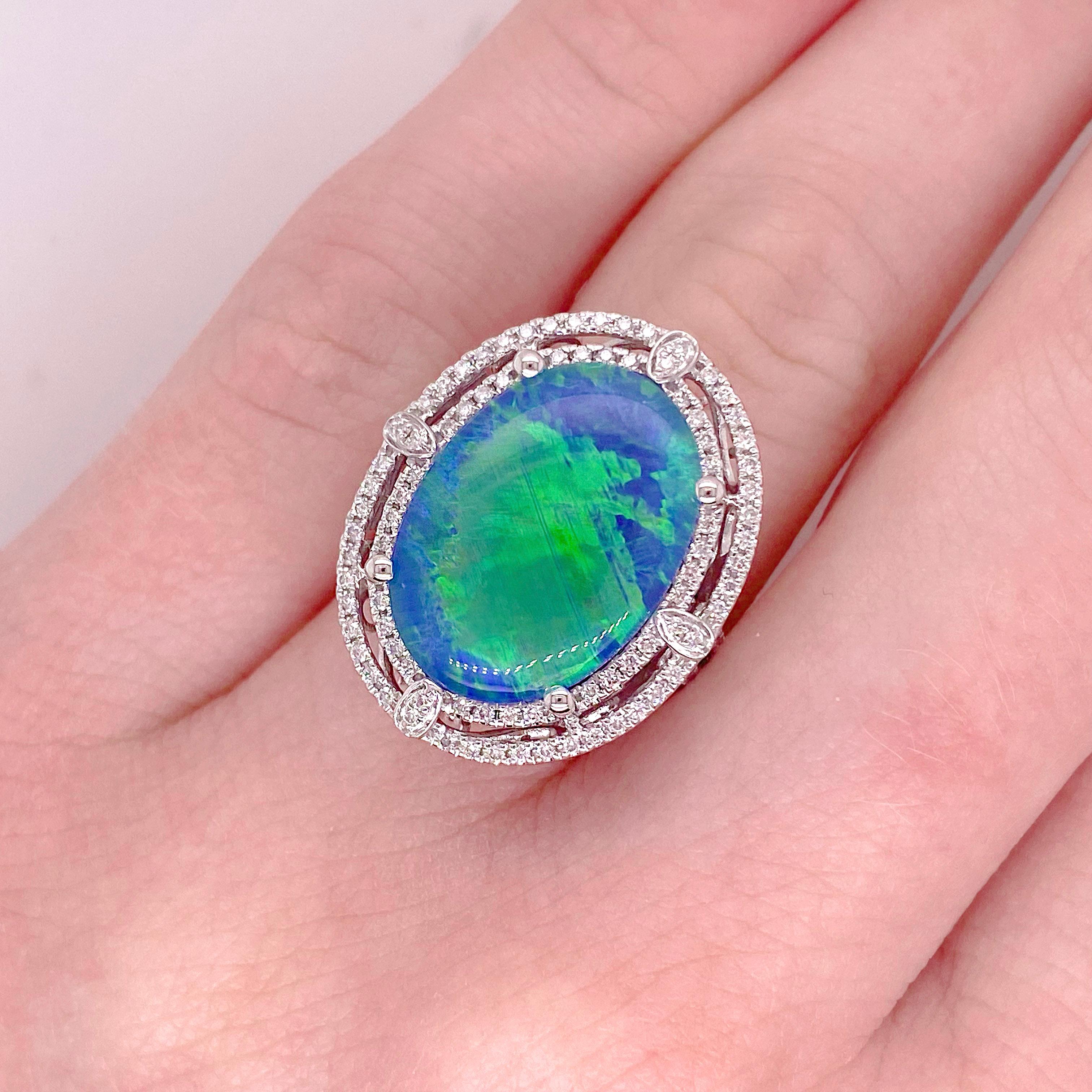 For Sale:  Original Black Opal Ring with Diamond Halo 14k White Gold 6.85 Carats Sizable 4