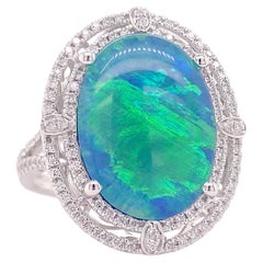 Vintage Original Black Opal Ring with Diamond Halo 14k White Gold 6.85 Carats Sizable