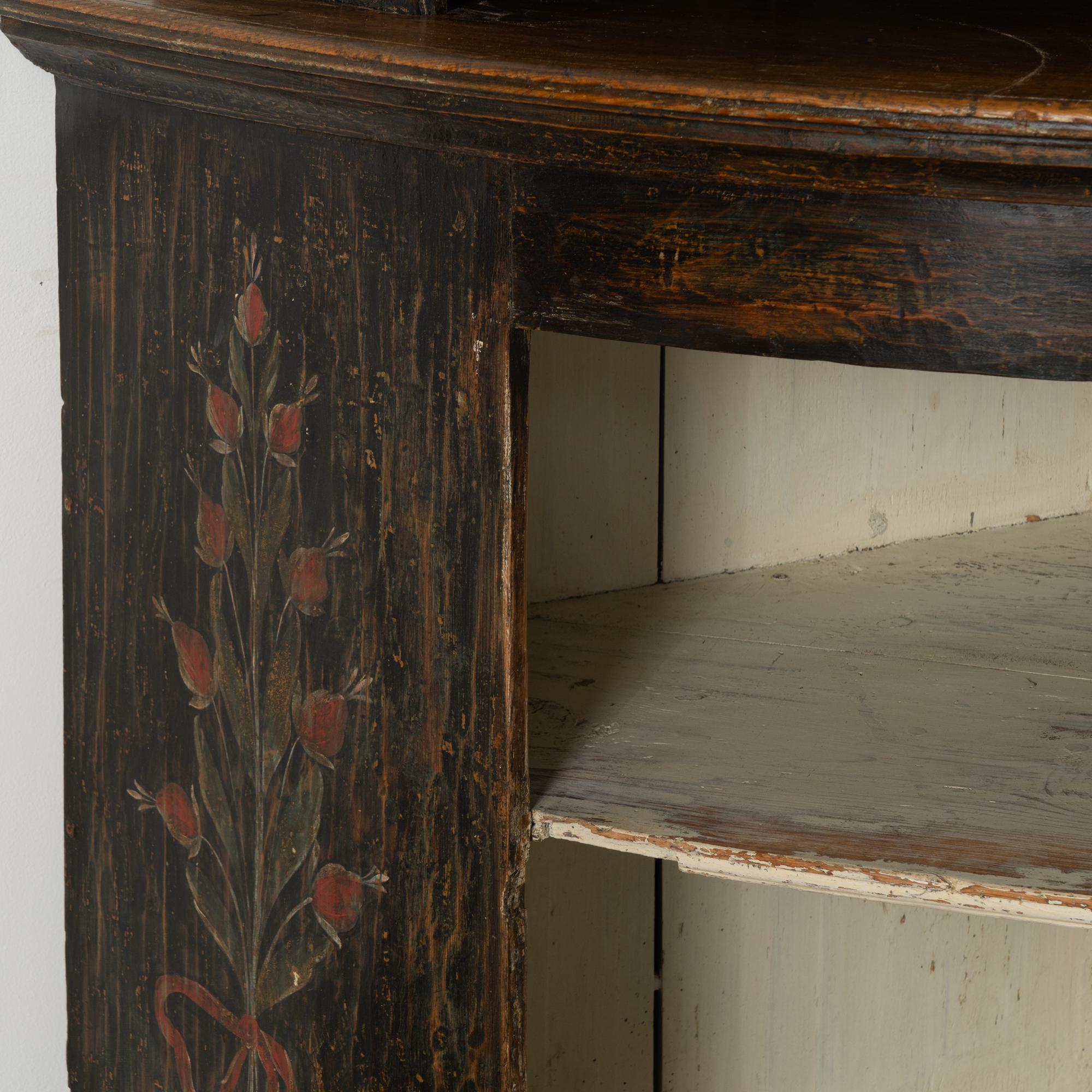 Original Black Painted Corner Cupboard Cabinet, Sweden dated 1818 For Sale 3