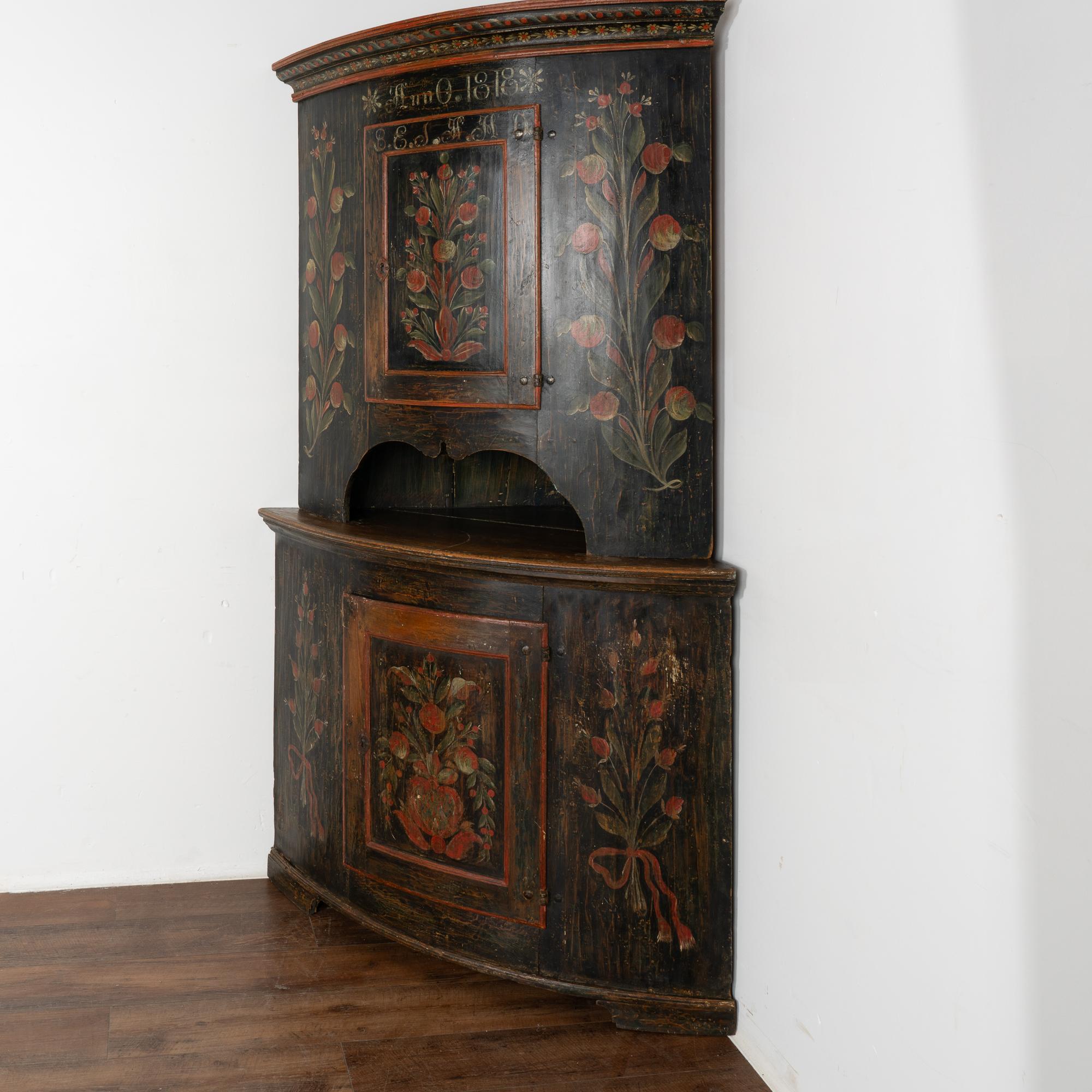 Swedish Original Black Painted Corner Cupboard Cabinet, Sweden dated 1818 For Sale