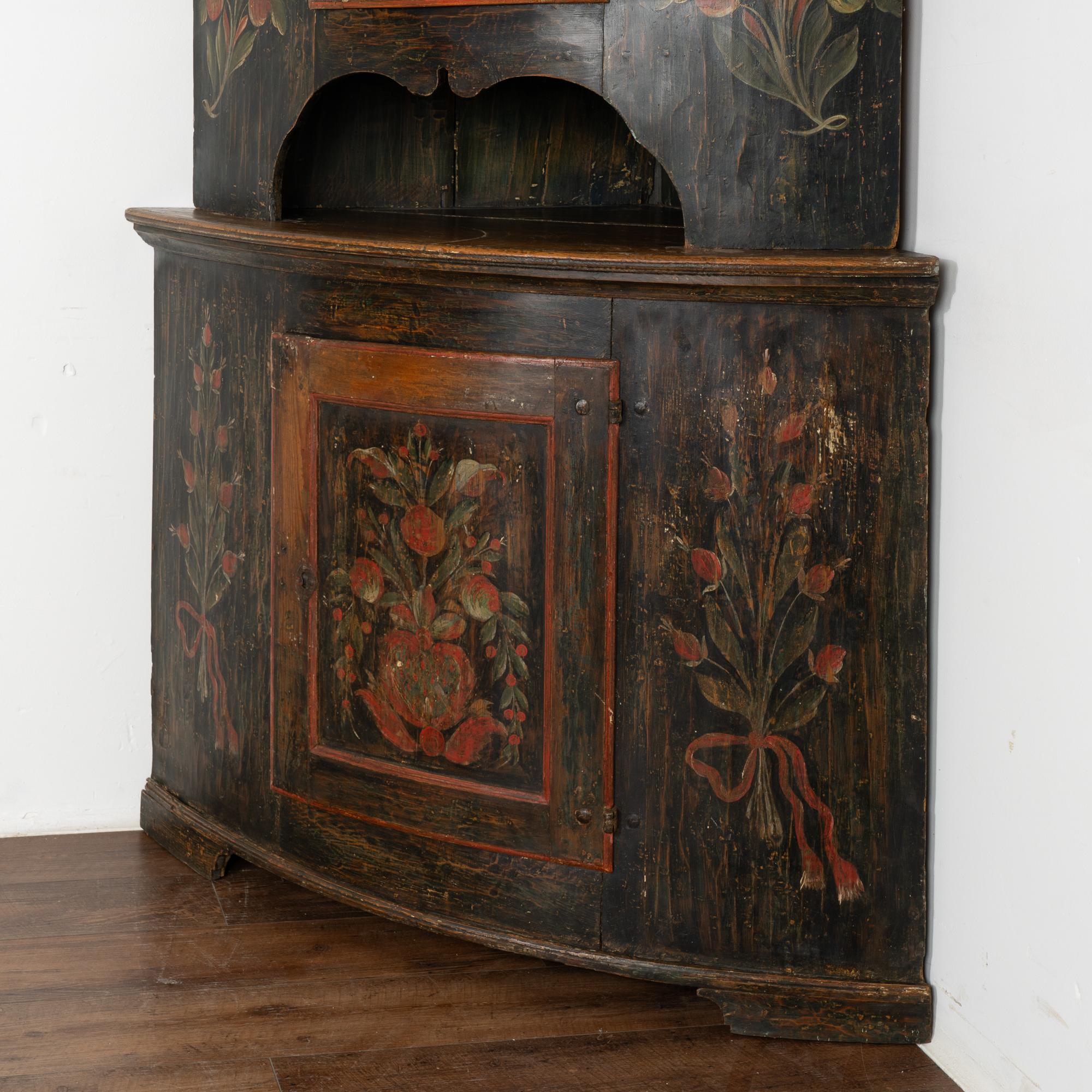 19th Century Original Black Painted Corner Cupboard Cabinet, Sweden dated 1818 For Sale