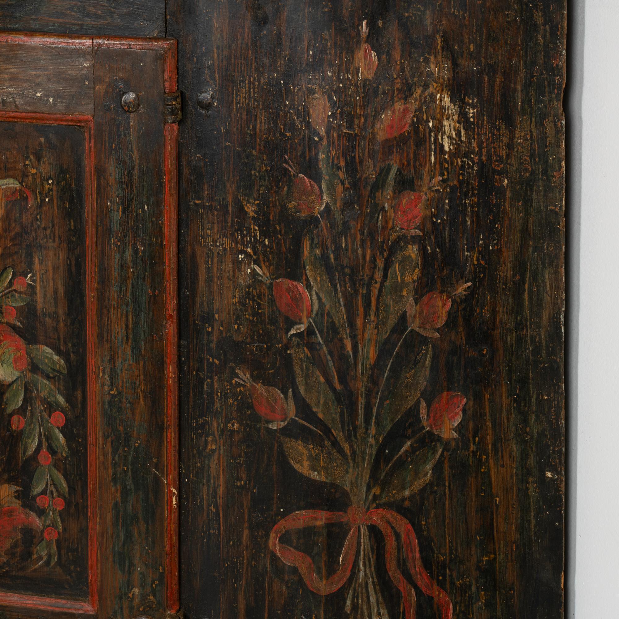 Pine Original Black Painted Corner Cupboard Cabinet, Sweden dated 1818 For Sale