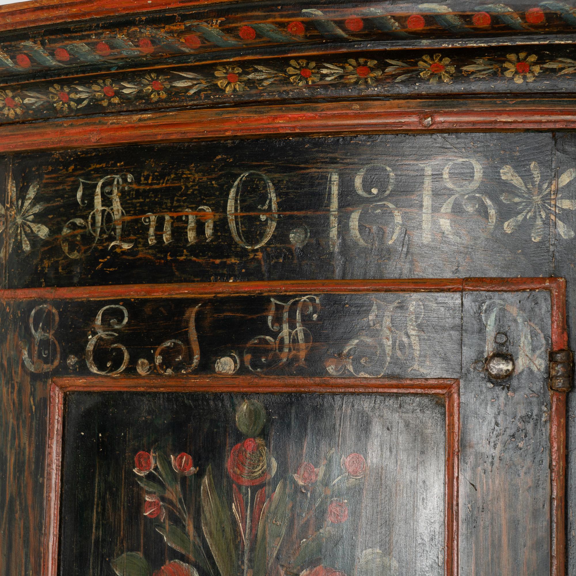 Original Black Painted Corner Cupboard Cabinet, Sweden dated 1818 For Sale 2