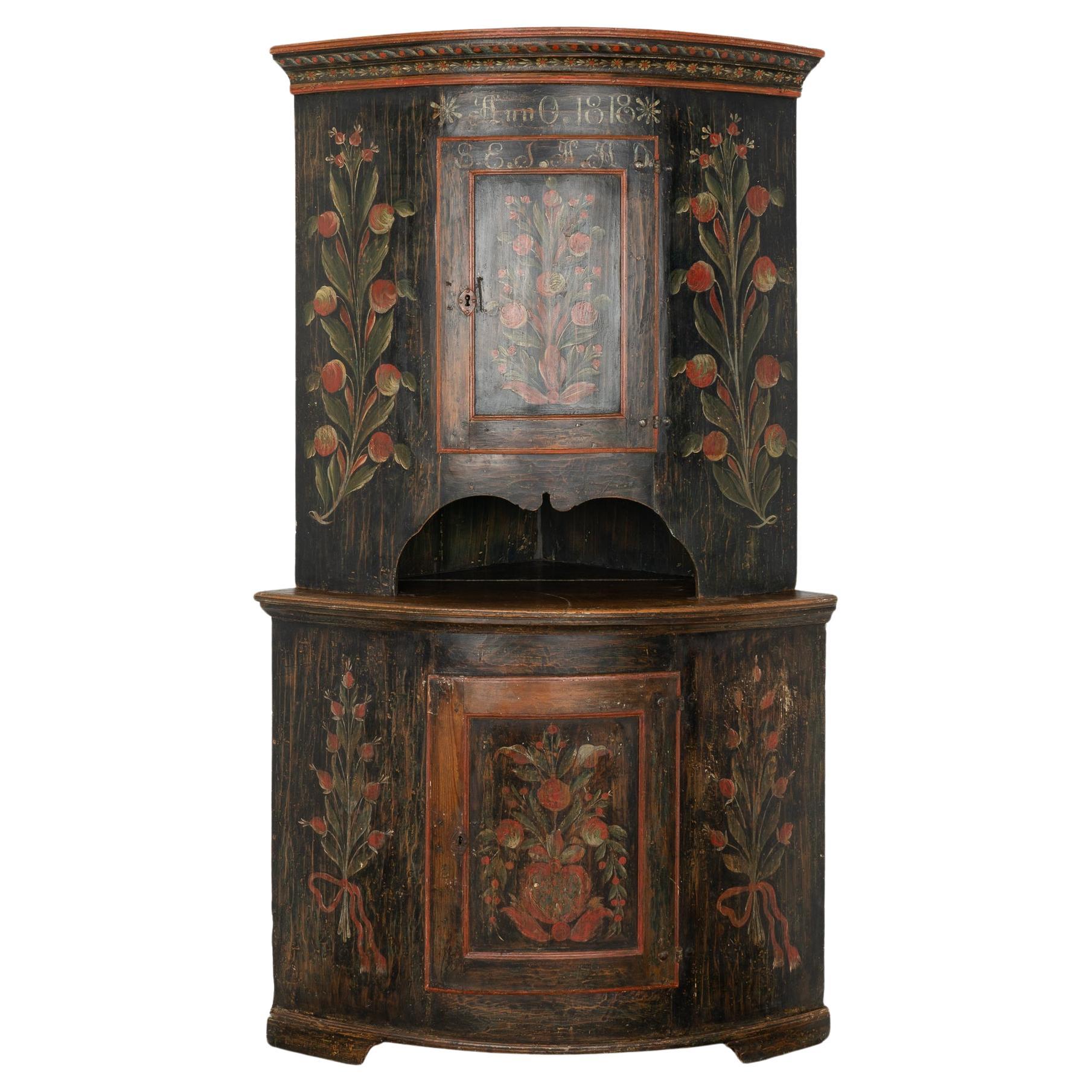 Original Black Painted Corner Cupboard Cabinet, Sweden dated 1818 For Sale