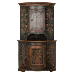 Antique Original Black Painted Corner Cupboard Cabinet, Sweden dated 1818
