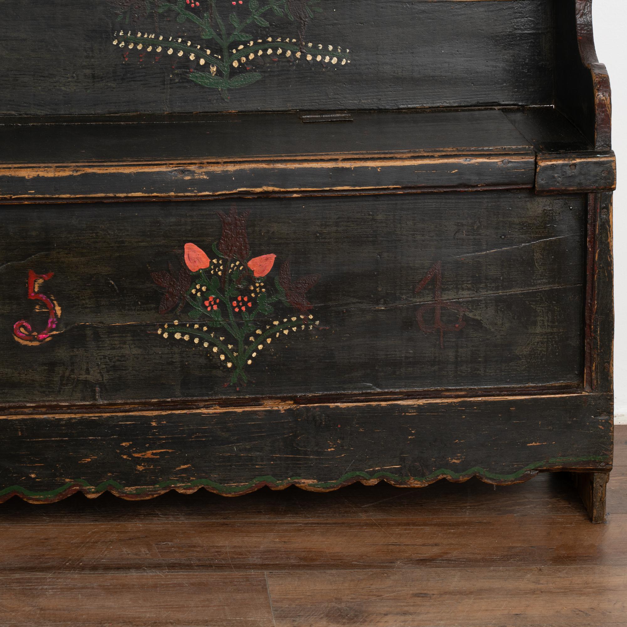 Original Black Painted Narrow Pine Bench With Storage, Hungary dated 1951 For Sale 3