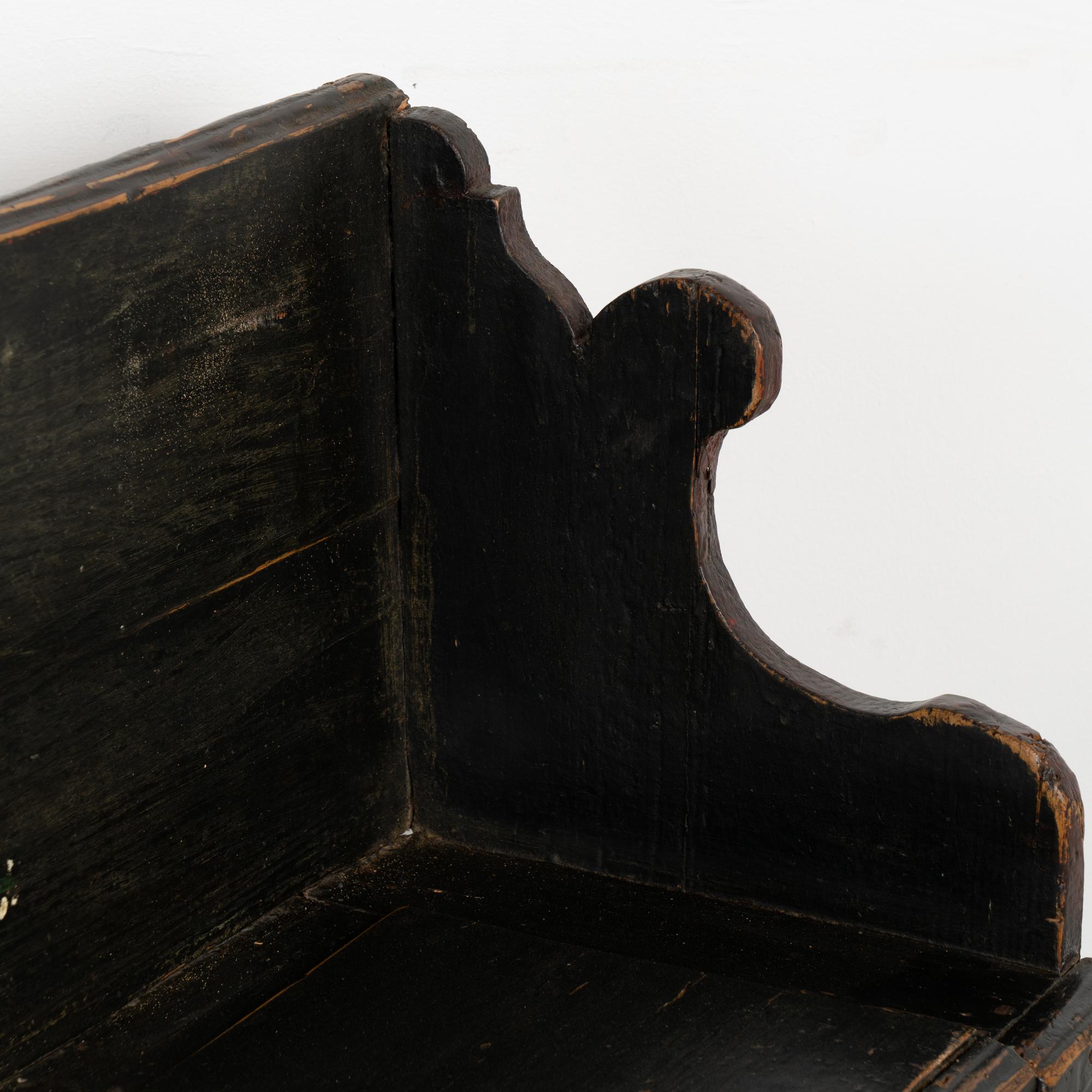 Original Black Painted Narrow Pine Bench With Storage, Hungary dated 1951 For Sale 4