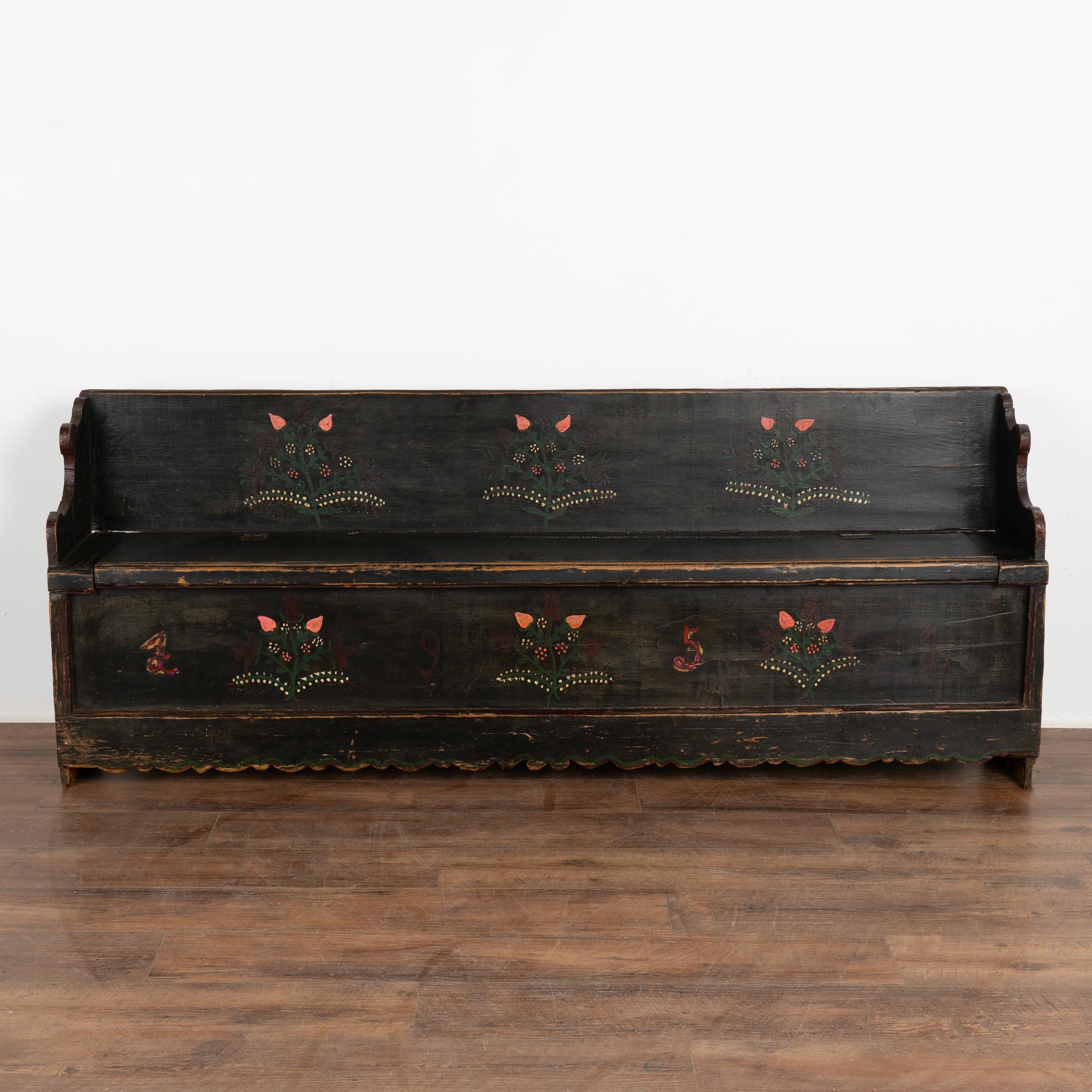 Folk Art Original Black Painted Narrow Pine Bench With Storage, Hungary dated 1951 For Sale