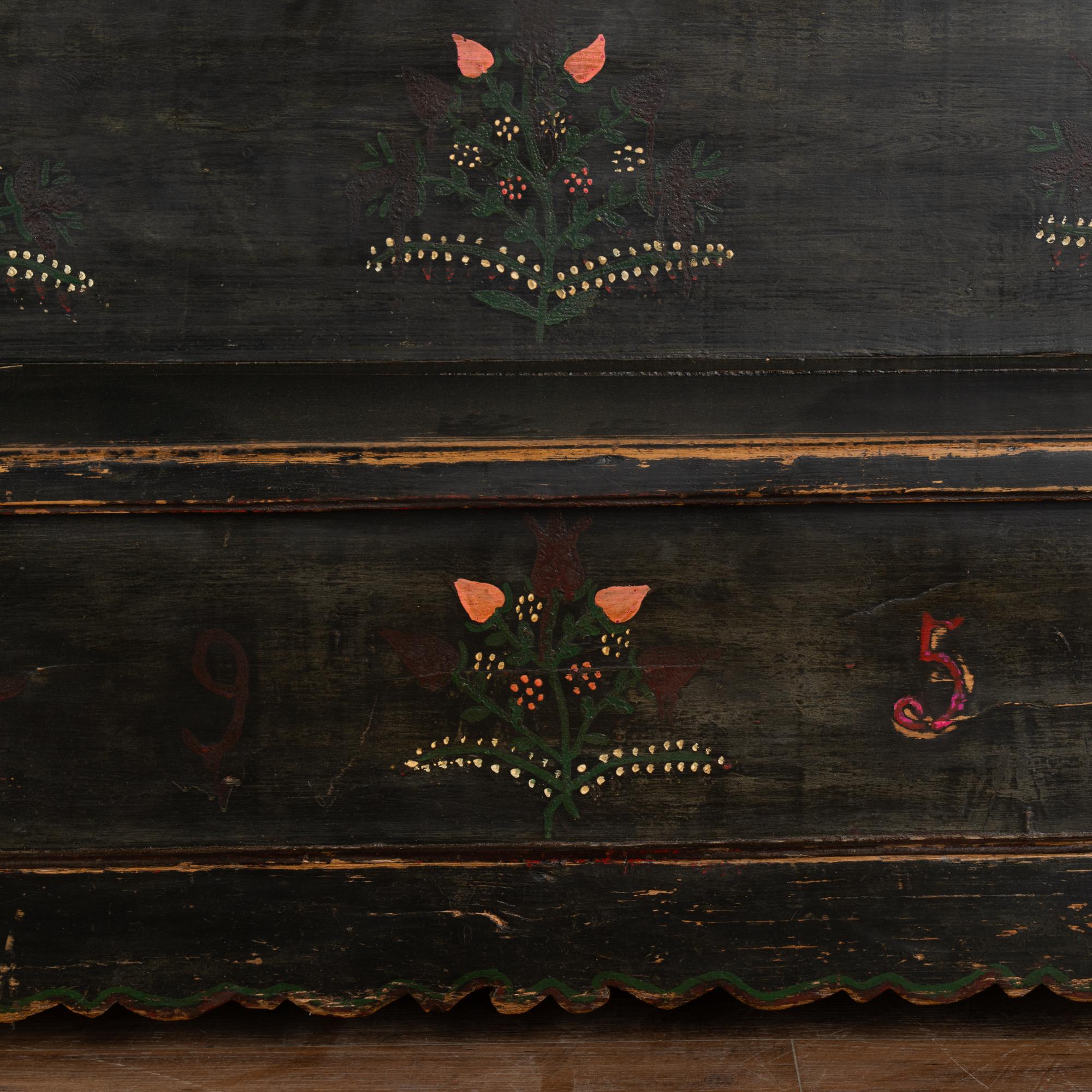 20th Century Original Black Painted Narrow Pine Bench With Storage, Hungary dated 1951 For Sale