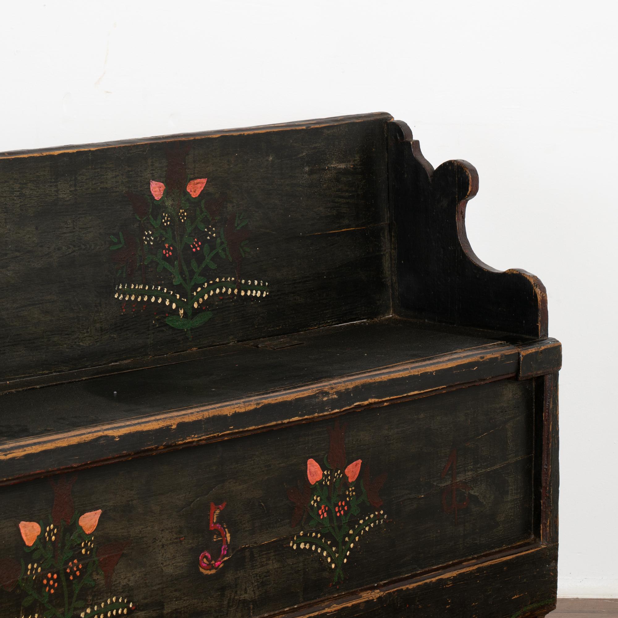 Original Black Painted Narrow Pine Bench With Storage, Hungary dated 1951 For Sale 2
