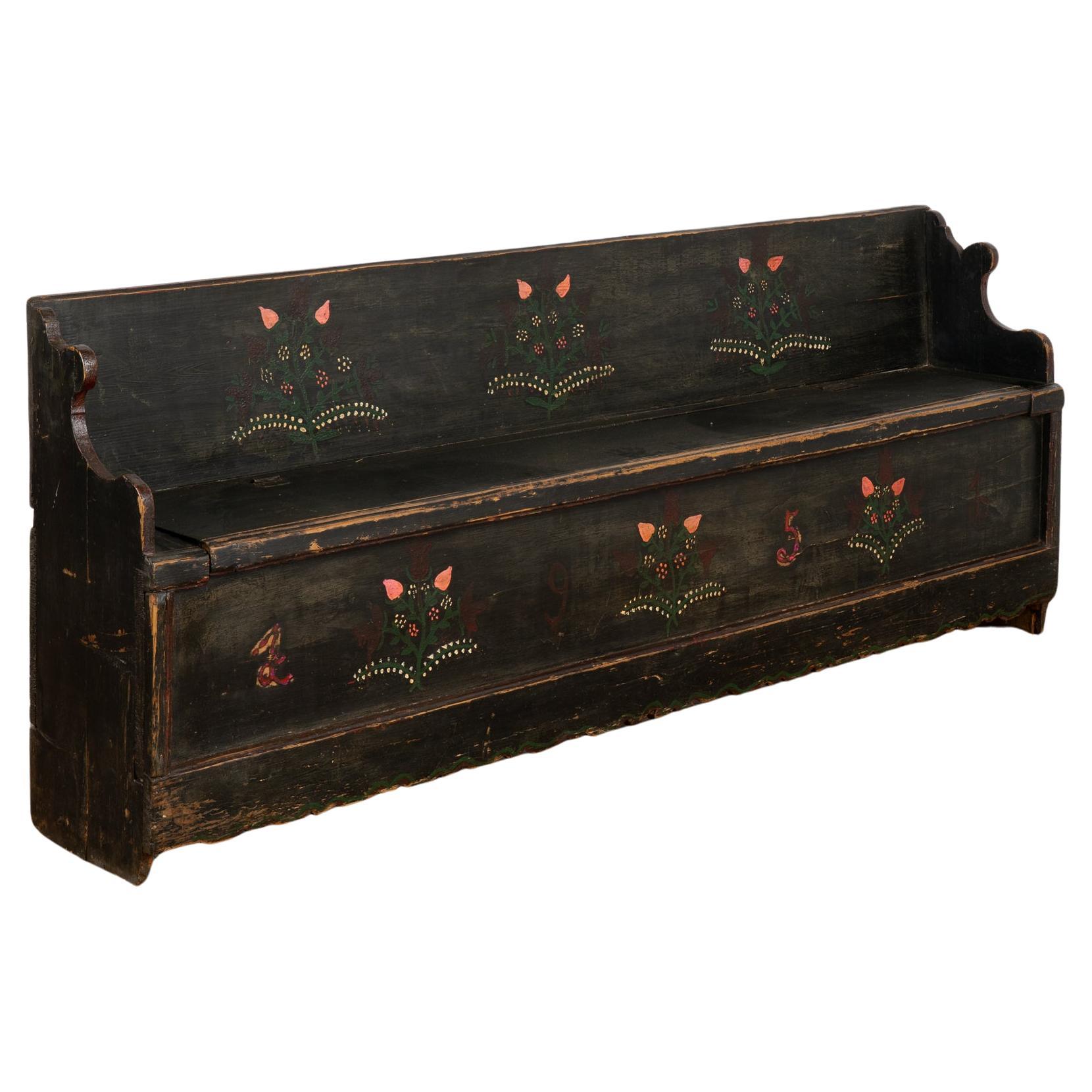 Original Black Painted Narrow Pine Bench With Storage, Hungary dated 1951