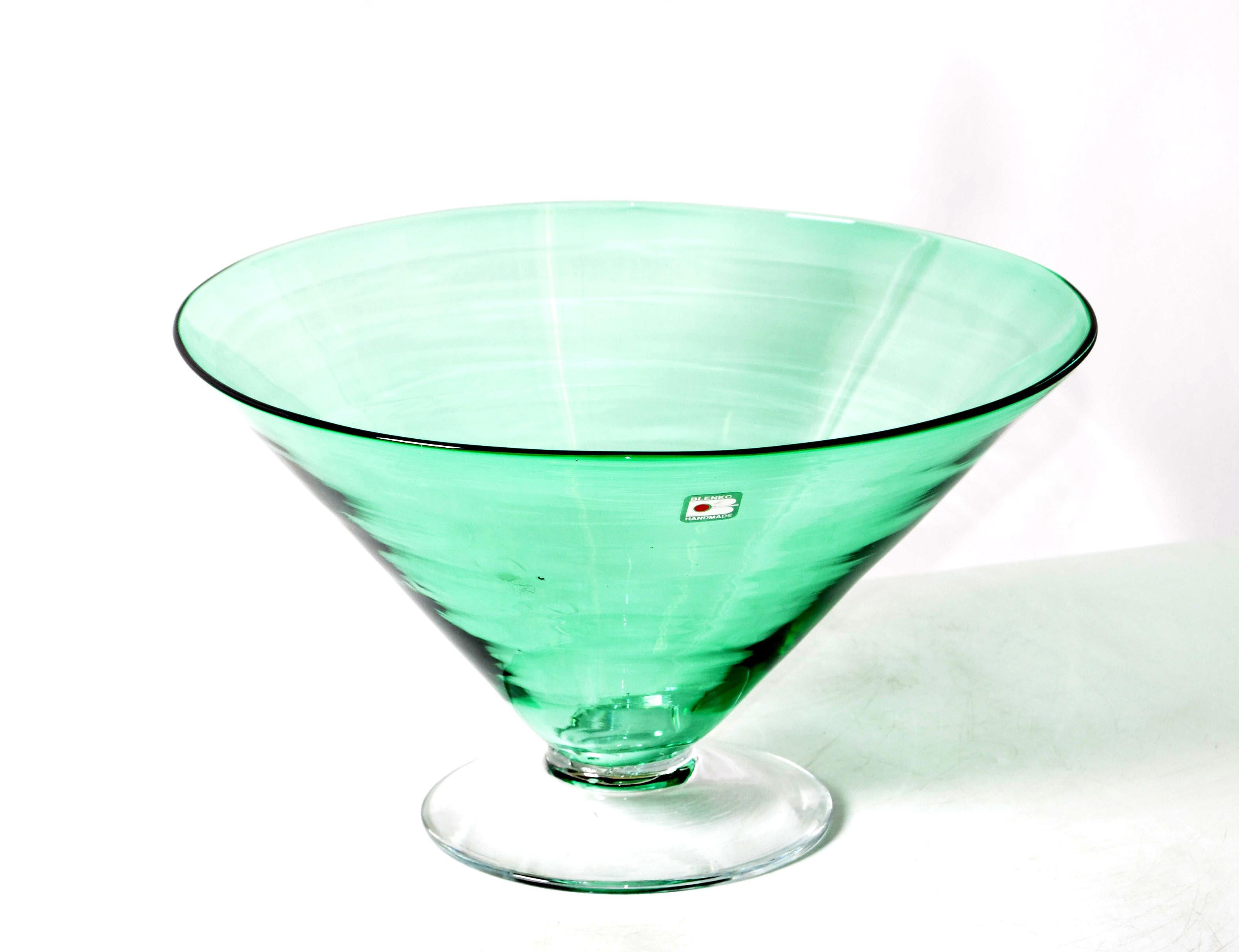 Moderne mintgrüne Blenko-Kunstglasschale aus der Mitte des Jahrhunderts, Tafelaufsatz 1980 im Angebot 6