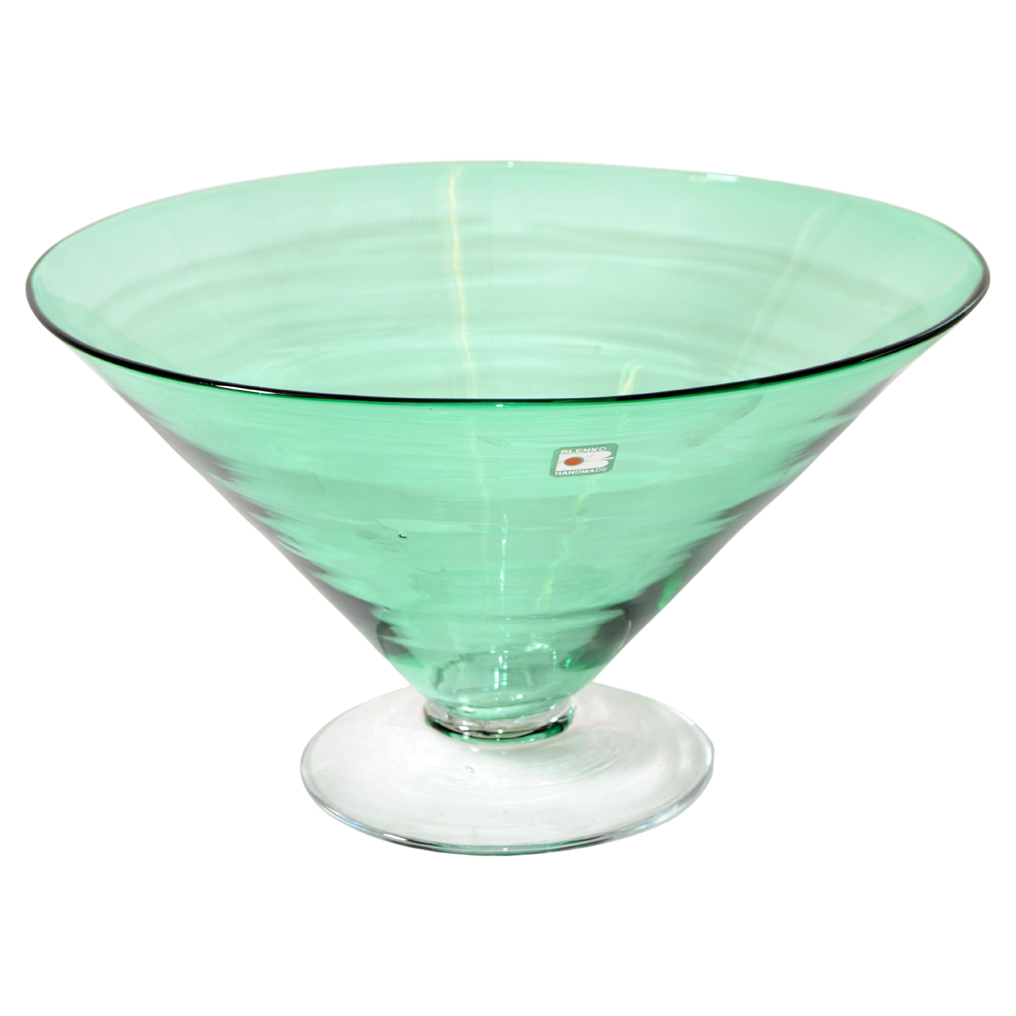 Original Blenko Mid-Century Modern Mint Green Art Glass Bowl, Centerpiece 1980