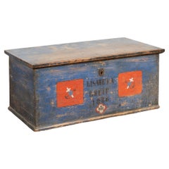 Original Blue and Red Painted Flat Top Trunk, dated 1886 from Hungary