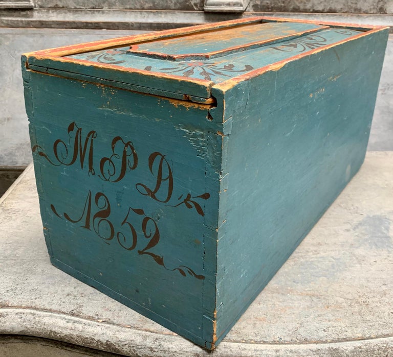 Original Blue and Red Painted Swedish Bridal Folk Art Box Dated 1852 at ...
