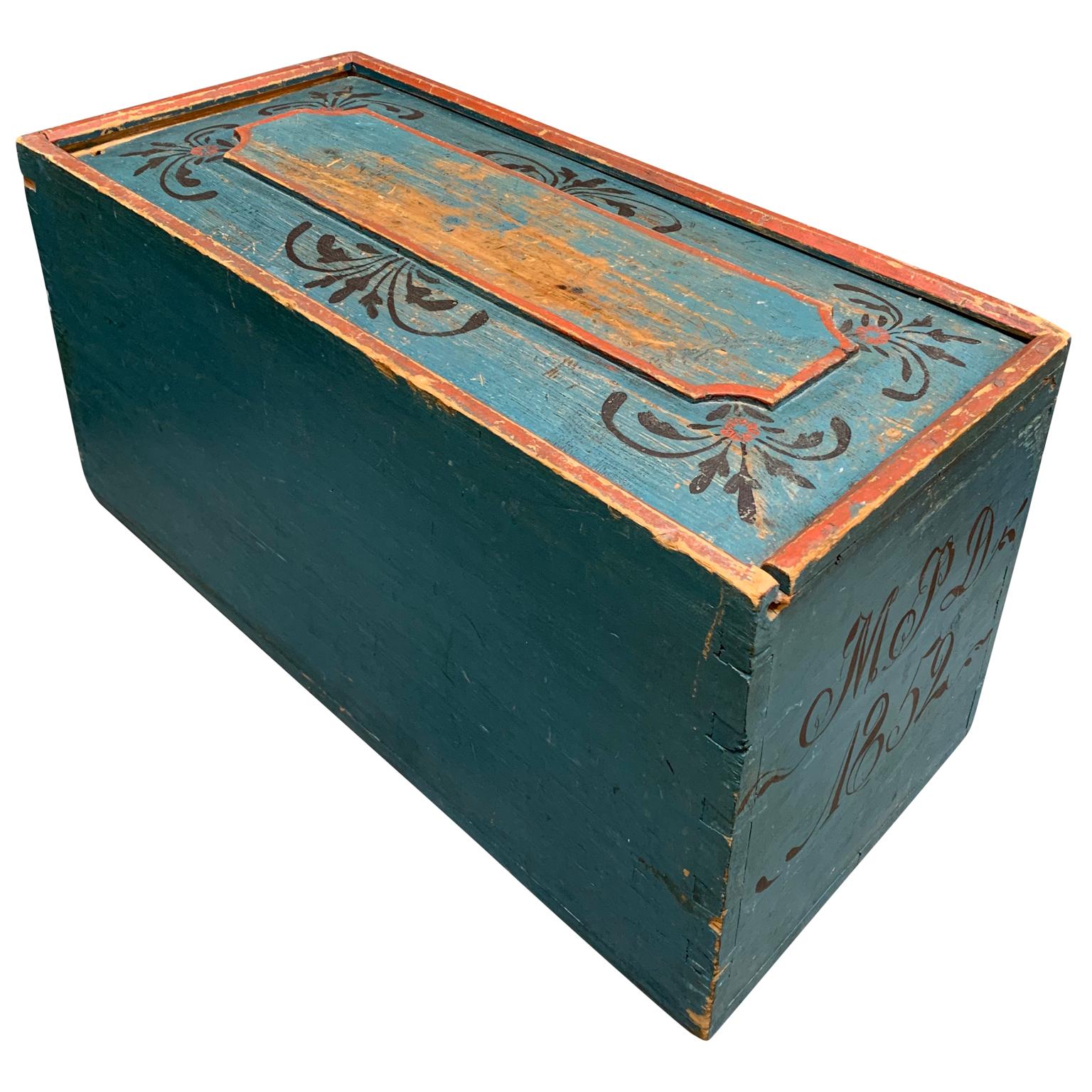 Hand-Painted Original Blue and Red Painted Swedish Bridal Folk Art Box Dated 1852
