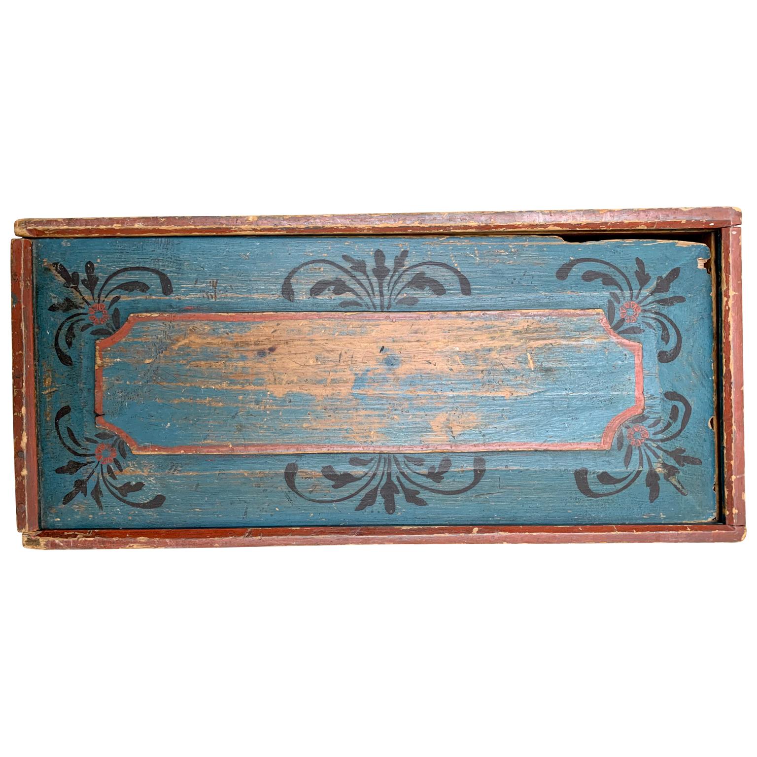 Original Blue and Red Painted Swedish Bridal Folk Art Box Dated 1852 In Good Condition In Haddonfield, NJ