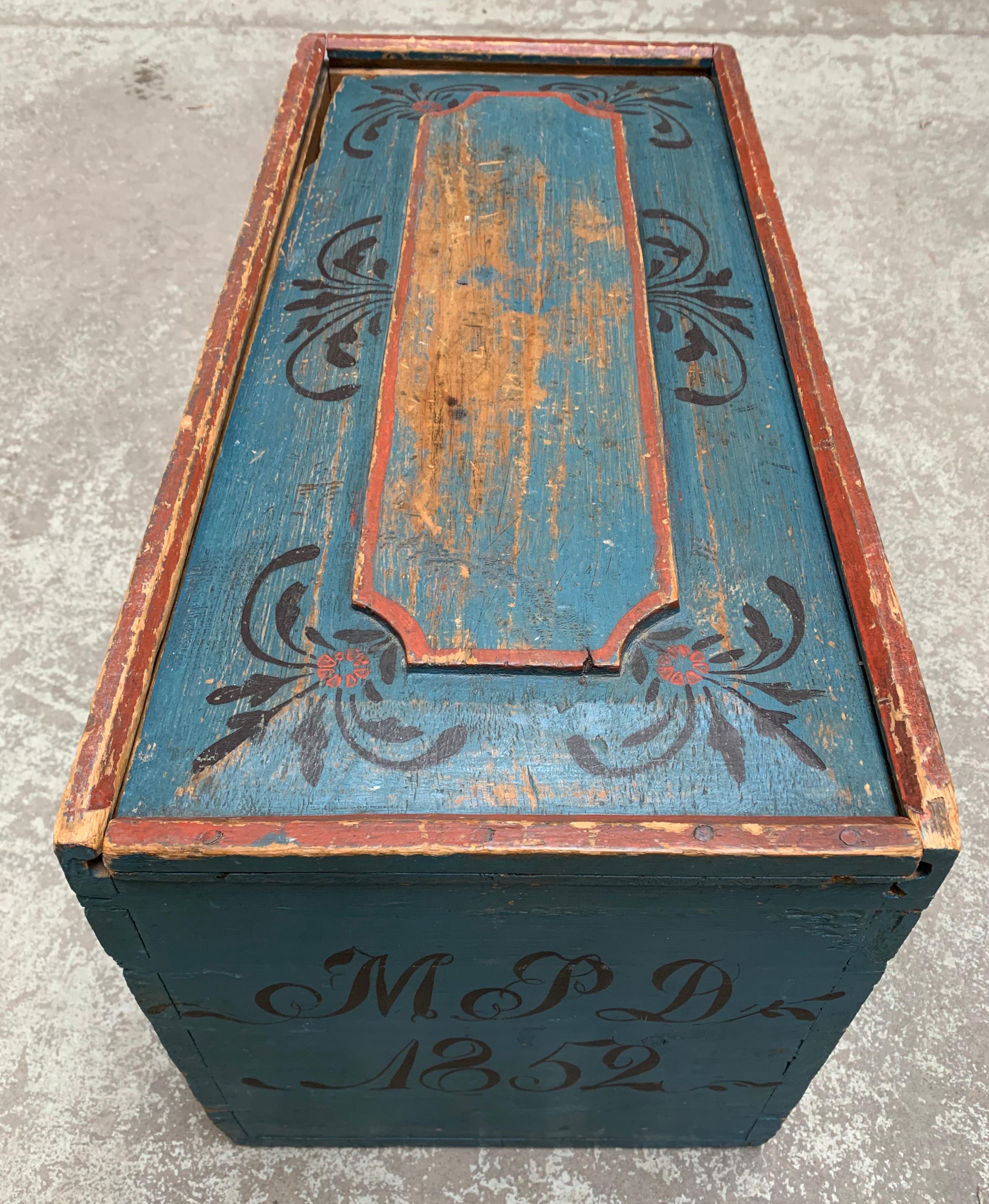 Original Blue and Red Painted Swedish Bridal Folk Art Box Dated 1852 1