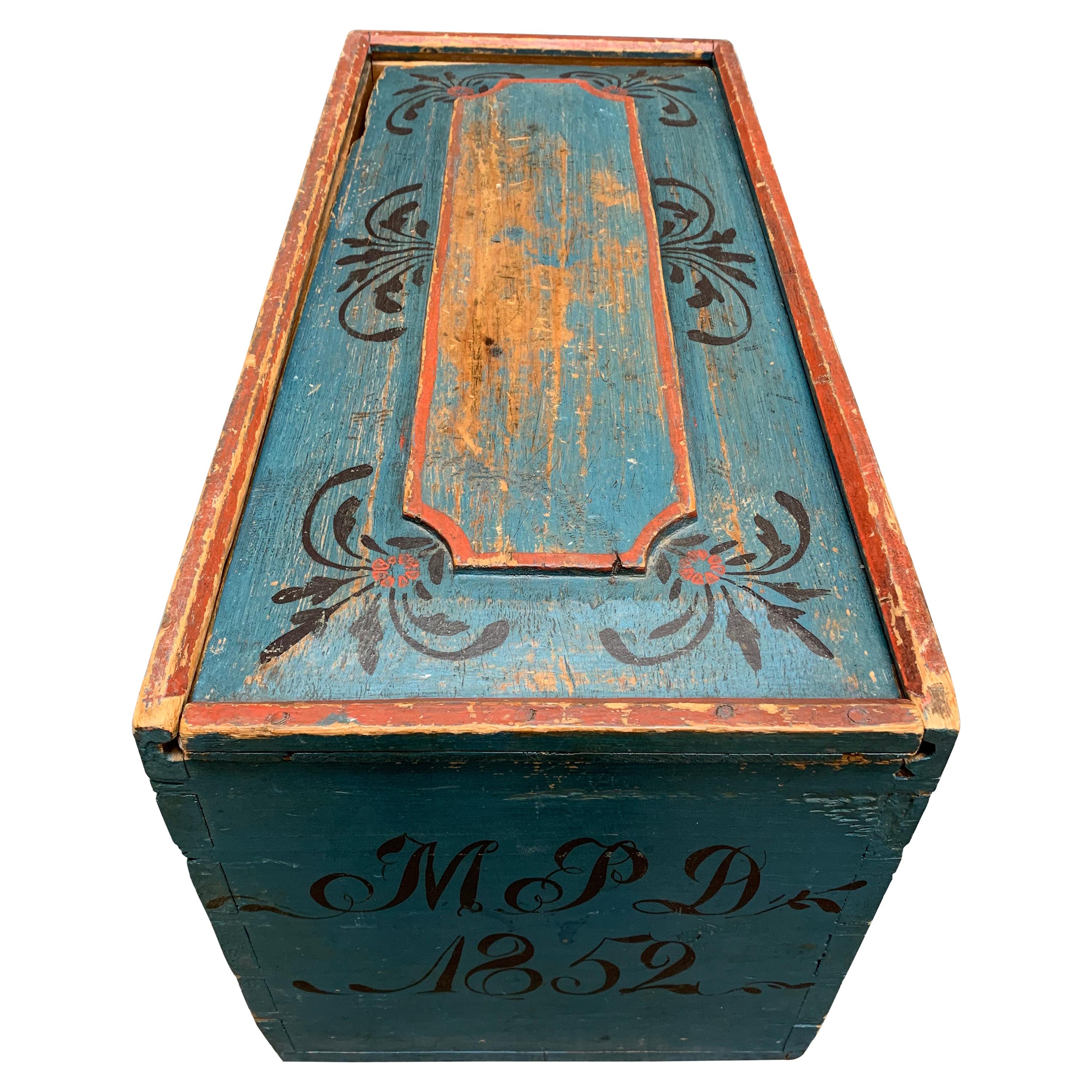 Original Blue and Red Painted Swedish Bridal Folk Art Box Dated 1852