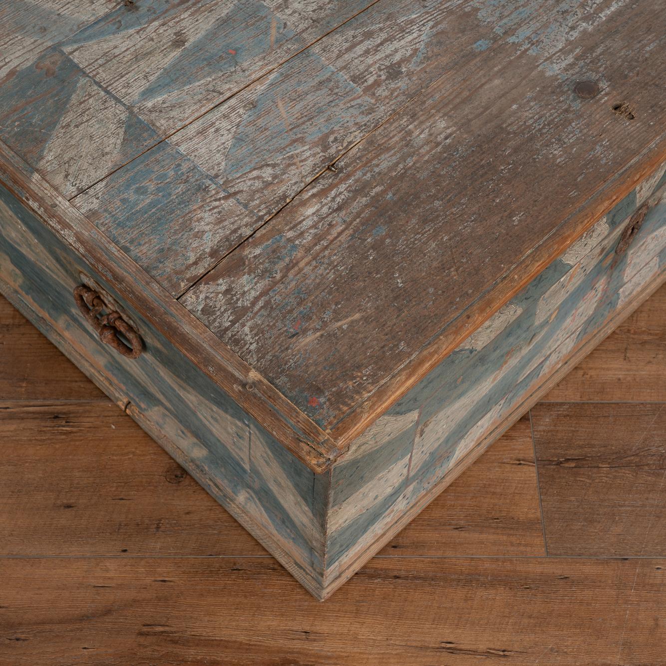 Original Blue and White Painted Flat Top Trunk, Sweden, Dated 1790 3