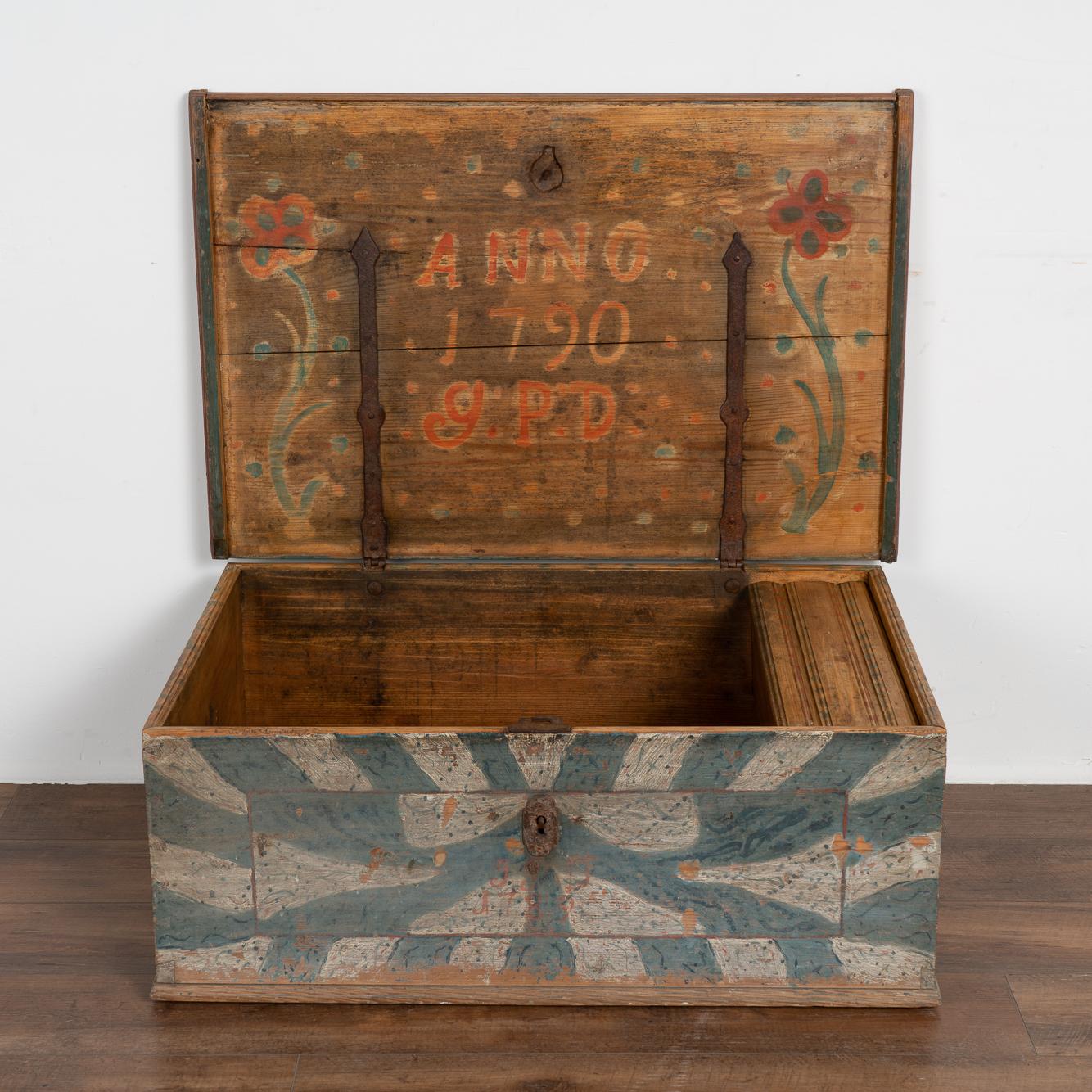 Swedish Original Blue and White Painted Flat Top Trunk, Sweden, Dated 1790