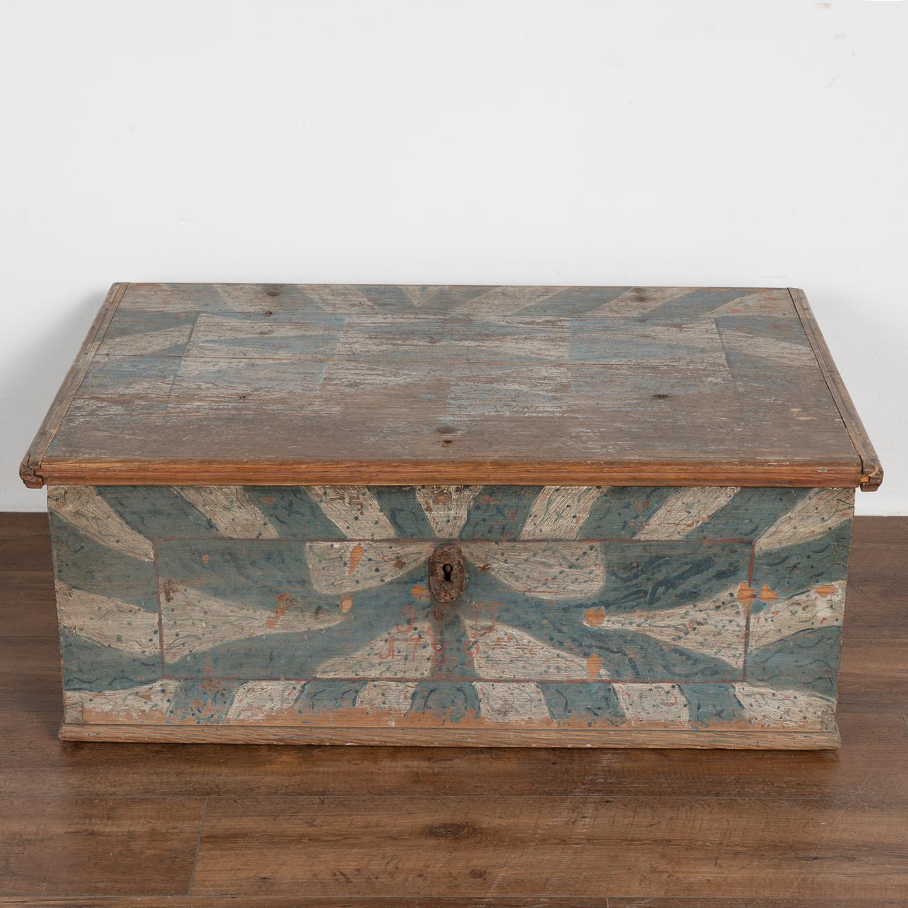 18th Century Original Blue and White Painted Flat Top Trunk, Sweden, Dated 1790