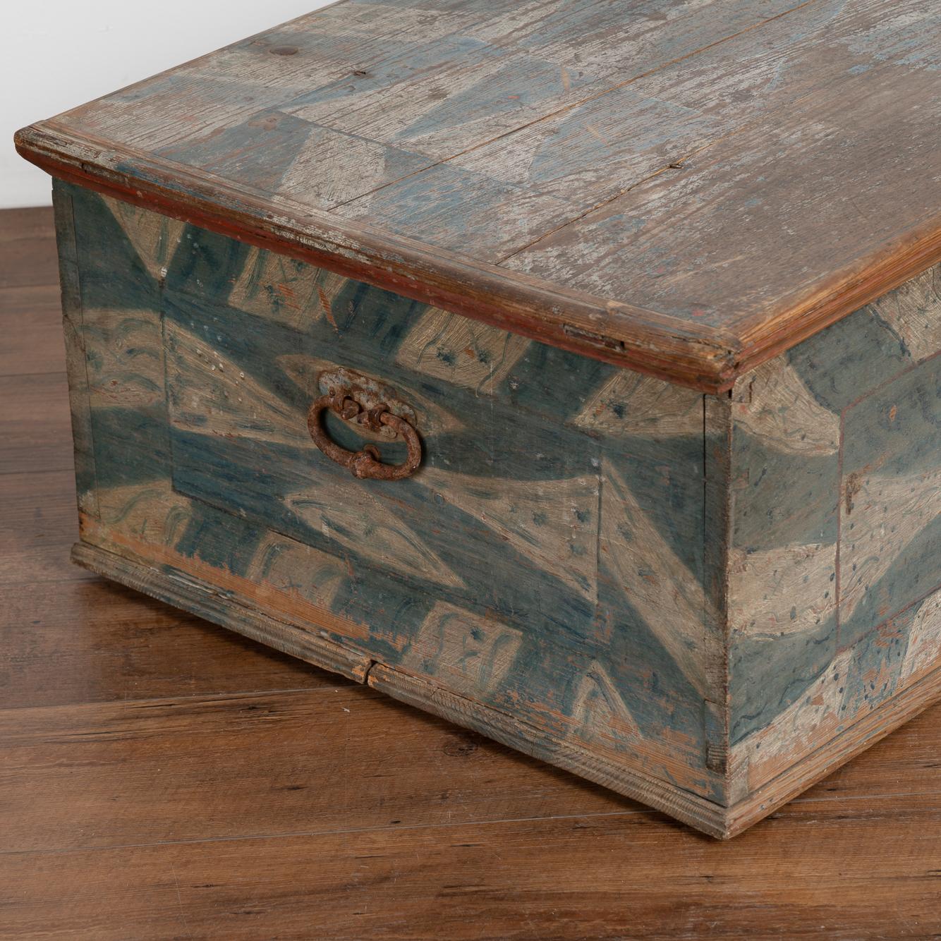Original Blue and White Painted Flat Top Trunk, Sweden, Dated 1790 1