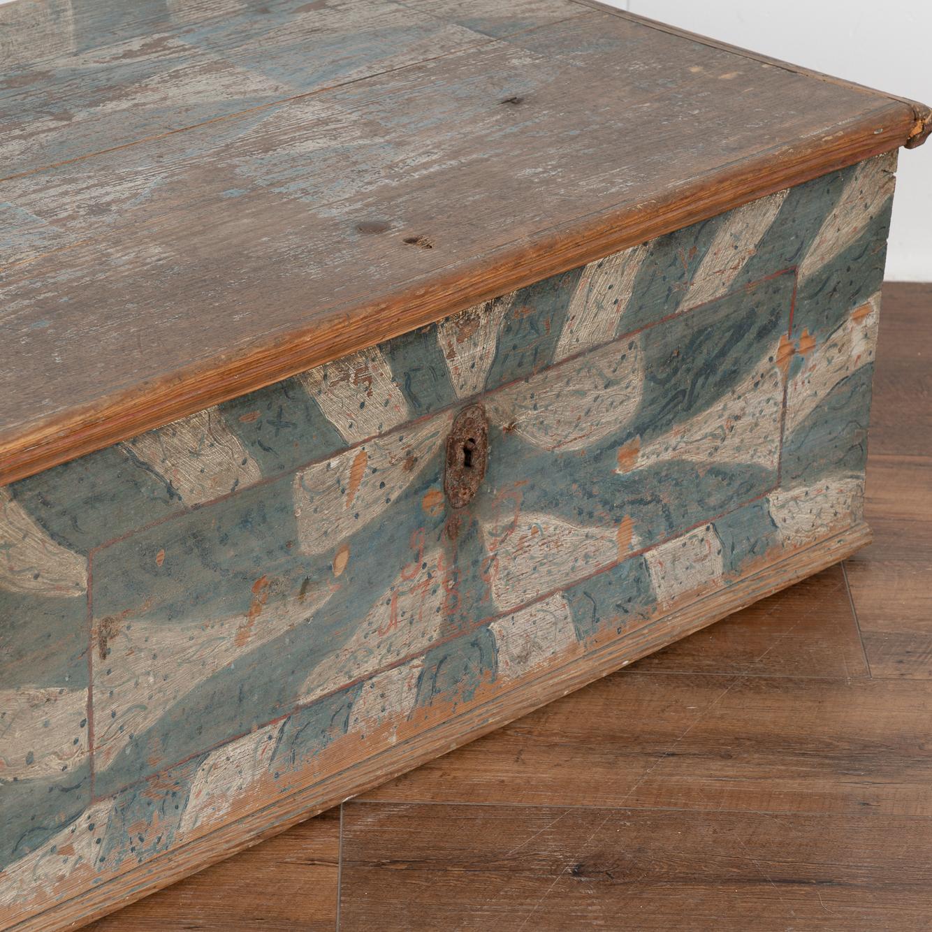 Original Blue and White Painted Flat Top Trunk, Sweden, Dated 1790 2