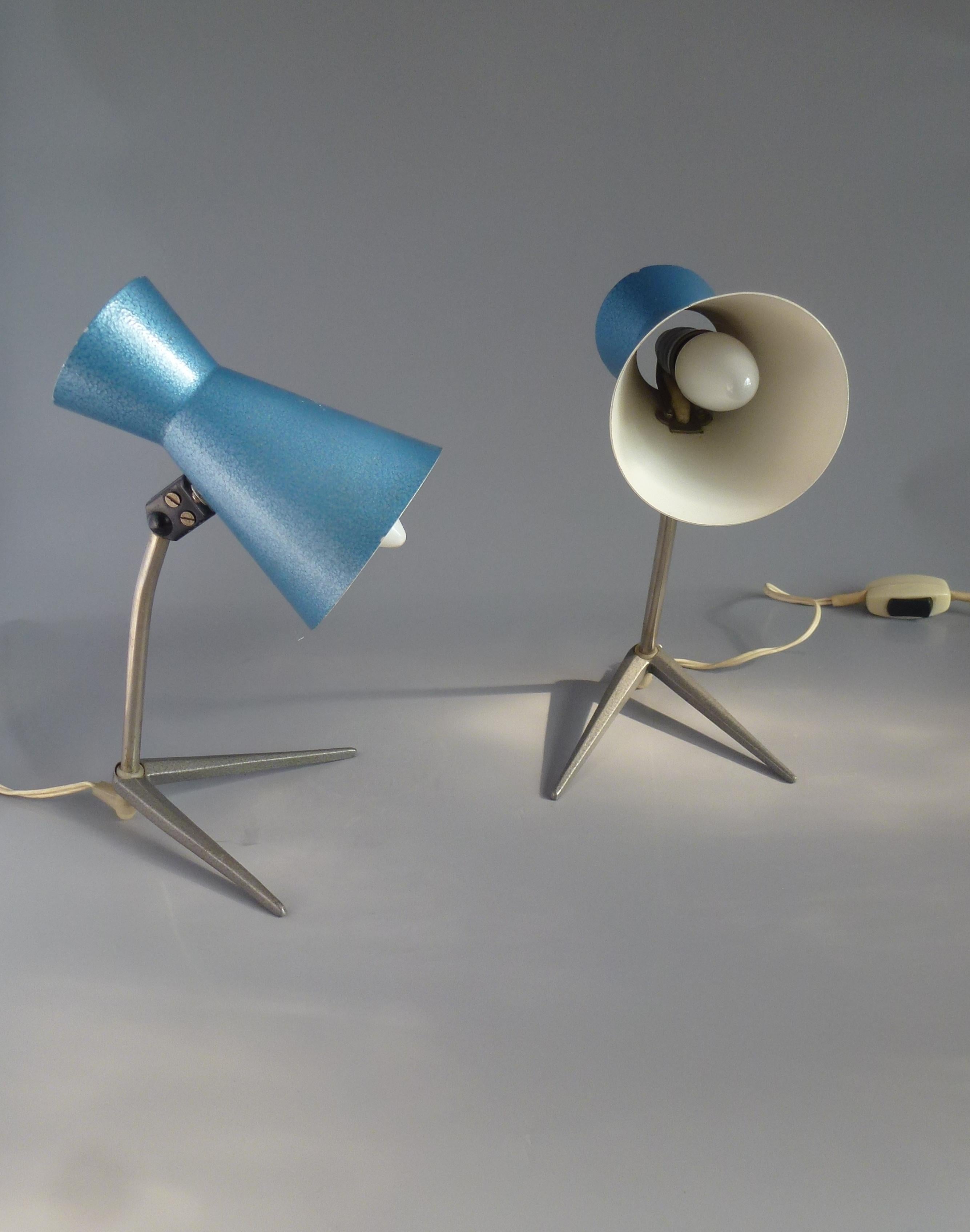 Hungarian Original Blue Color Metal Pair of Nightstand or Table Lamps, Hungary, 1960s For Sale