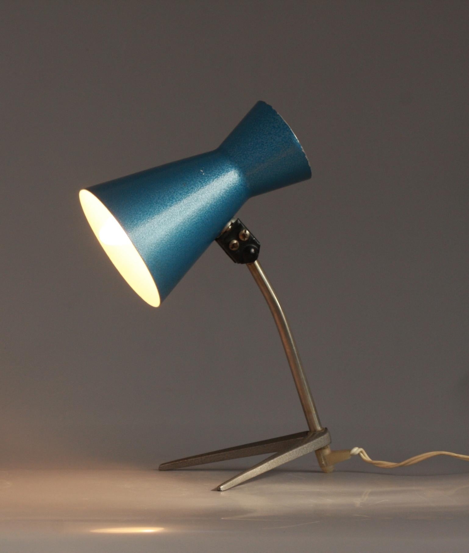Painted Original Blue Color Metal Pair of Nightstand or Table Lamps, Hungary, 1960s For Sale