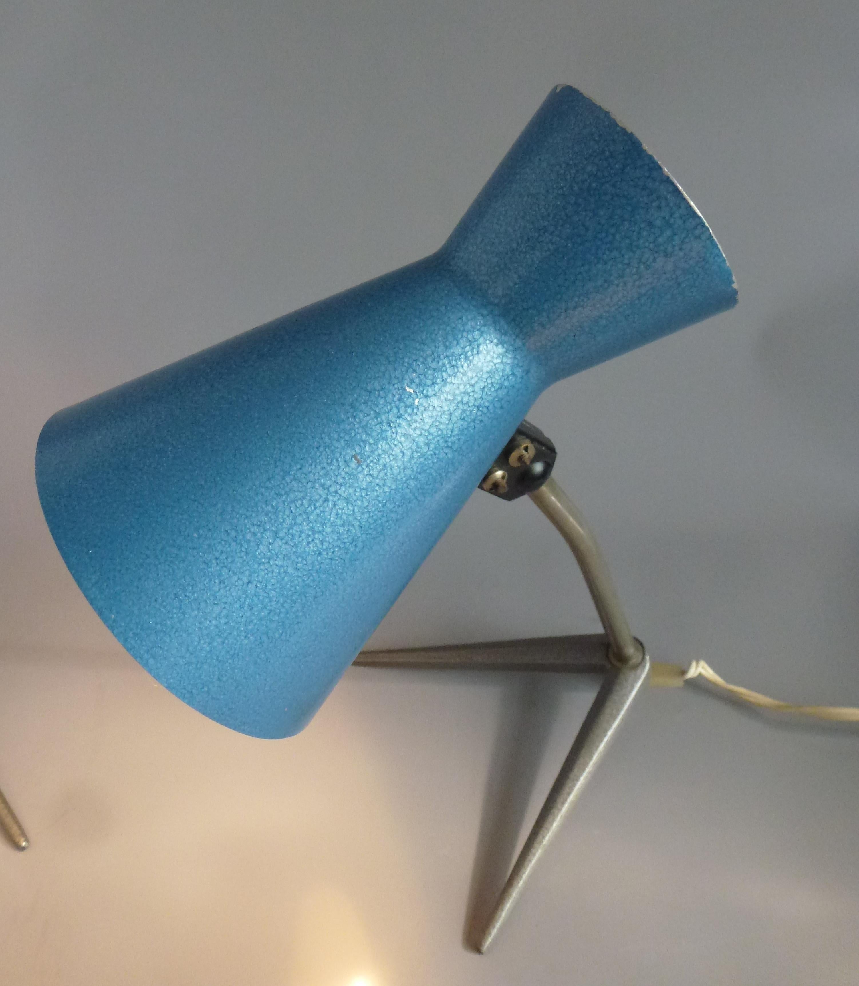 Original Blue Color Metal Pair of Nightstand or Table Lamps, Hungary, 1960s For Sale 1