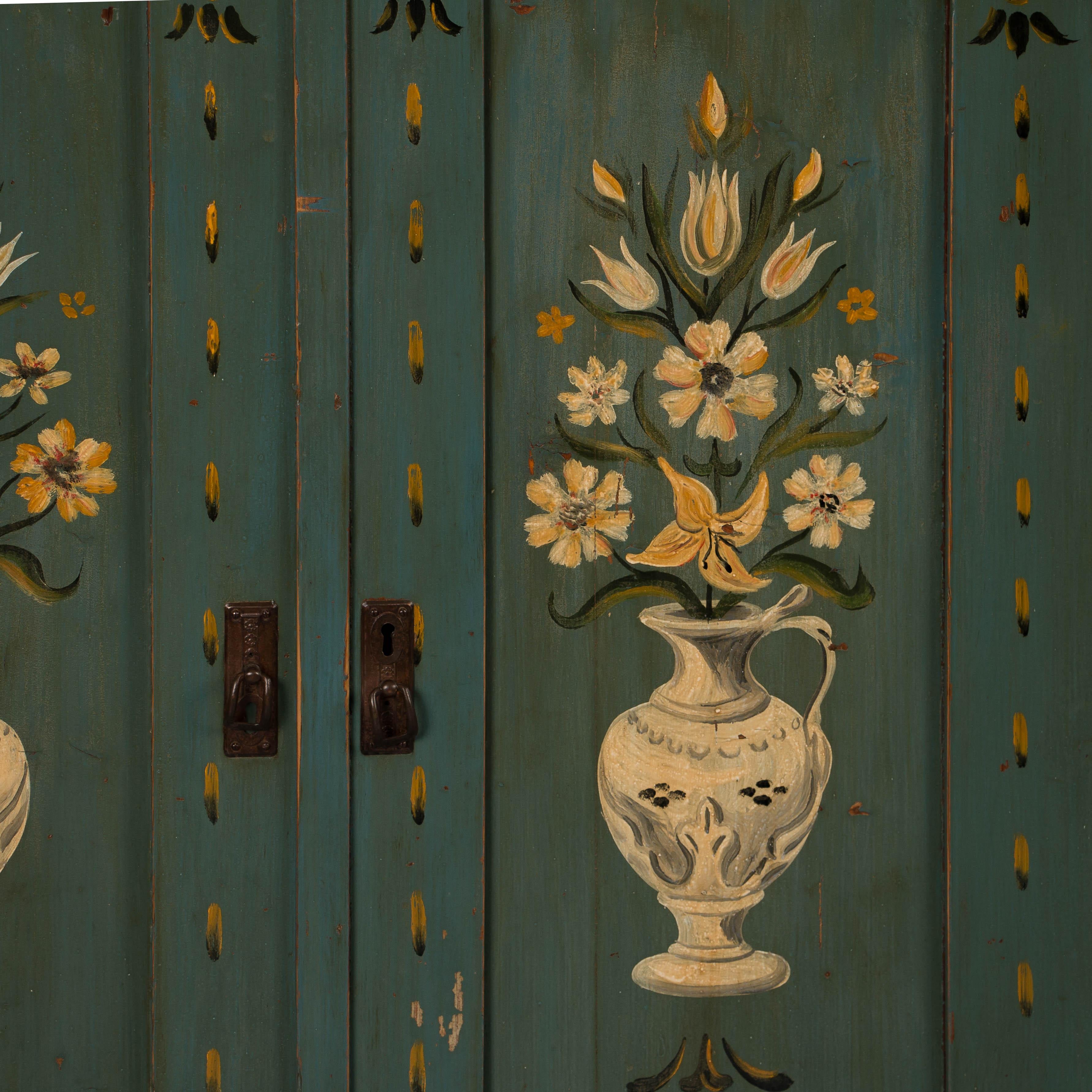 19th Century Original Blue Green Painted Antique Folk Art Swedish Cabinet