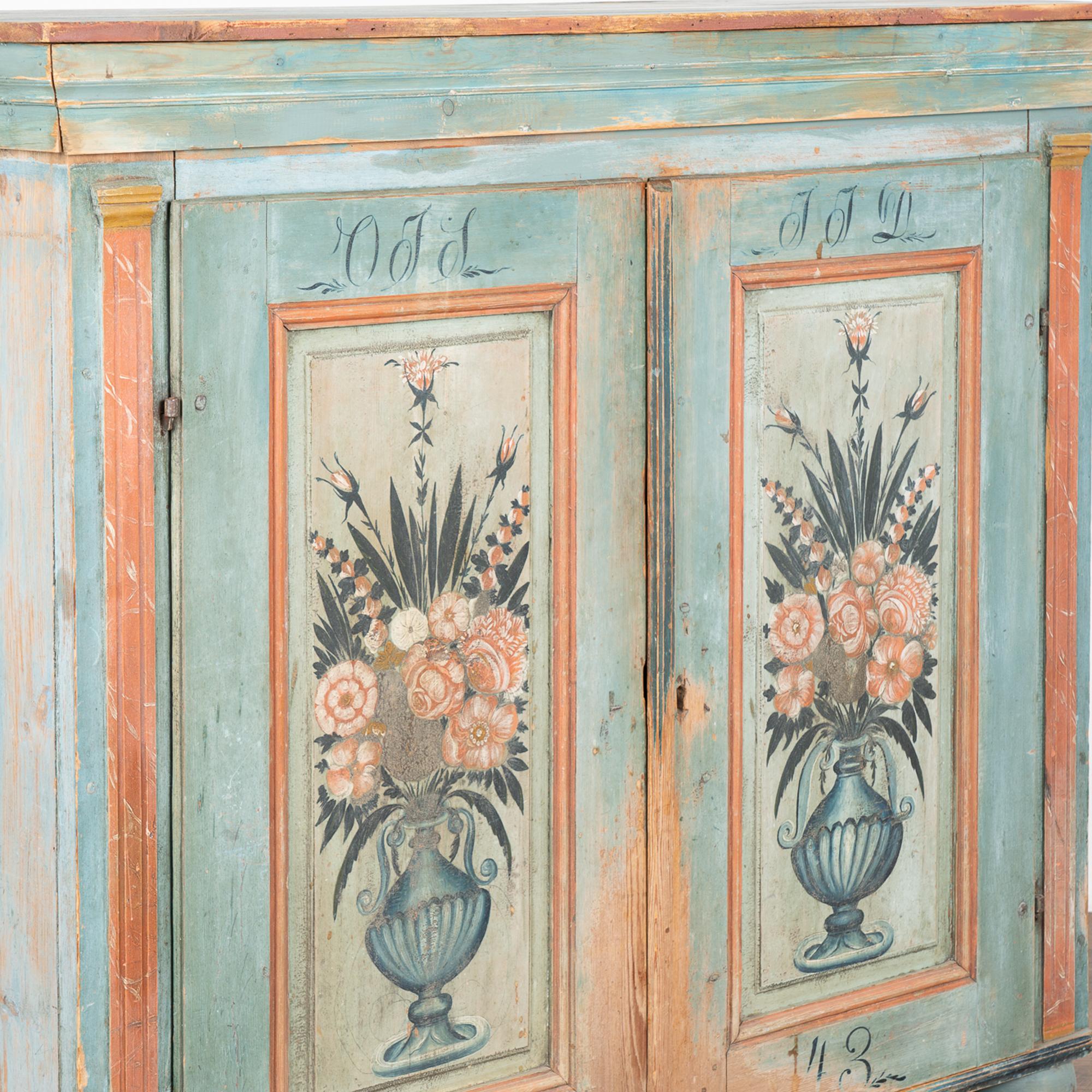 Pine Original Blue Painted Sideboard Cabinet, Sweden dated 1843 For Sale