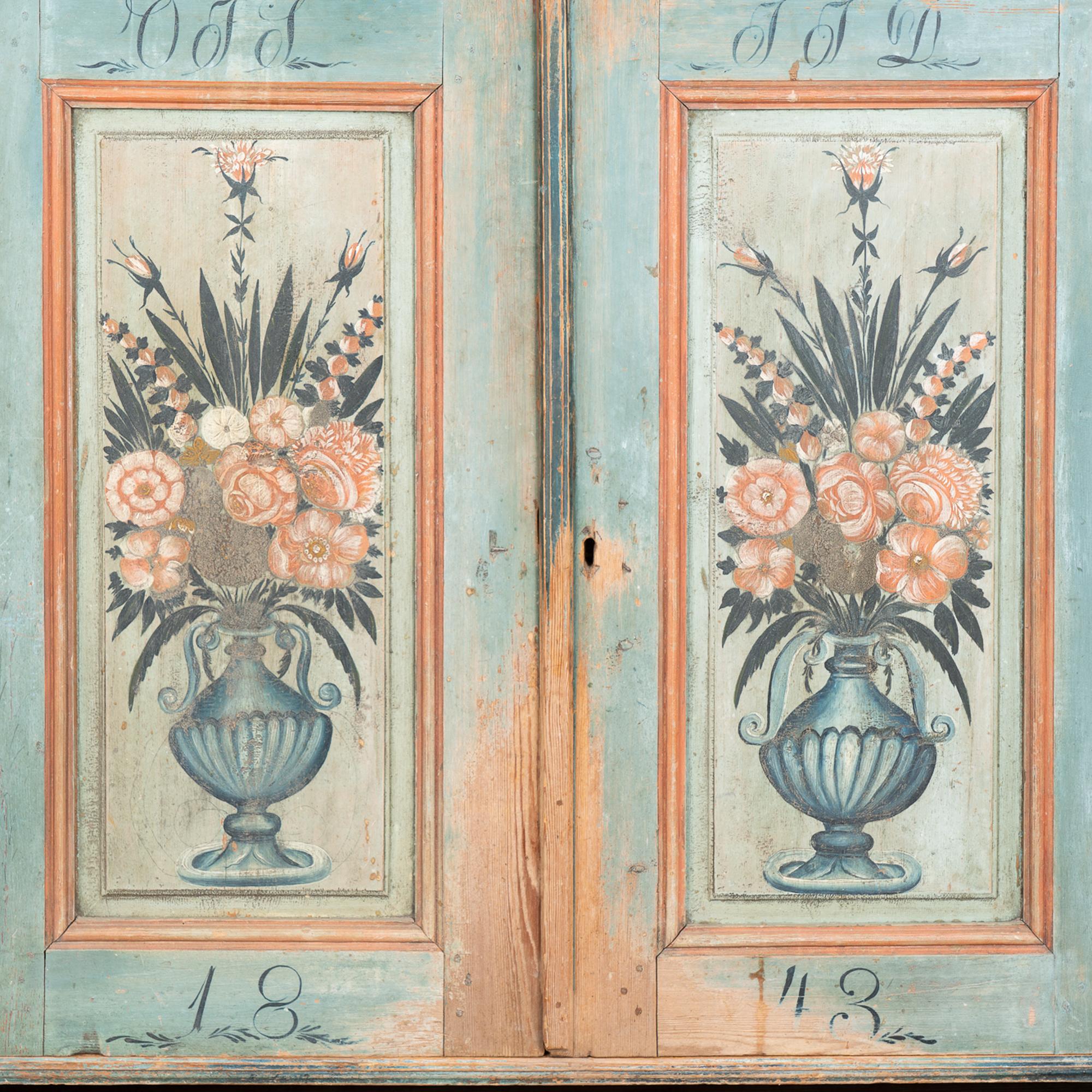 Folk Art Original Blue Painted Sideboard Cabinet, Sweden dated 1843 For Sale