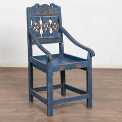 Original Blue Painted and Carved Swedish Chair, Dated 1722