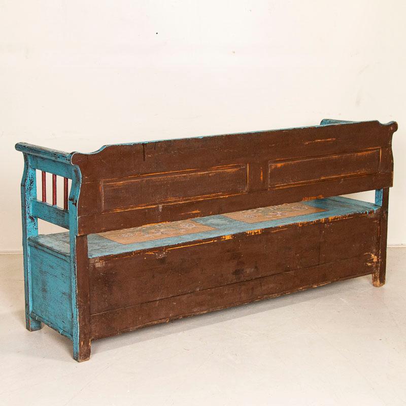 Hungarian Original Blue Painted Antique Bench with Storage