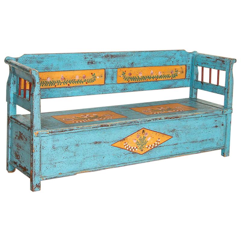 Original Blue Painted Antique Bench with Storage