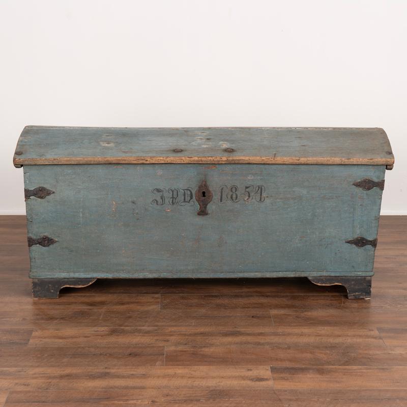 Swedish Original Blue Painted Antique Dome Top Trunk Dated 1854 from Sweden