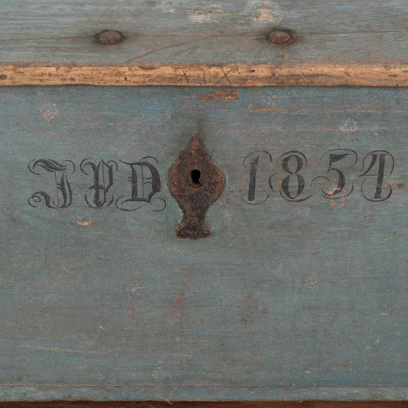 Original Blue Painted Antique Dome Top Trunk Dated 1854 from Sweden 1