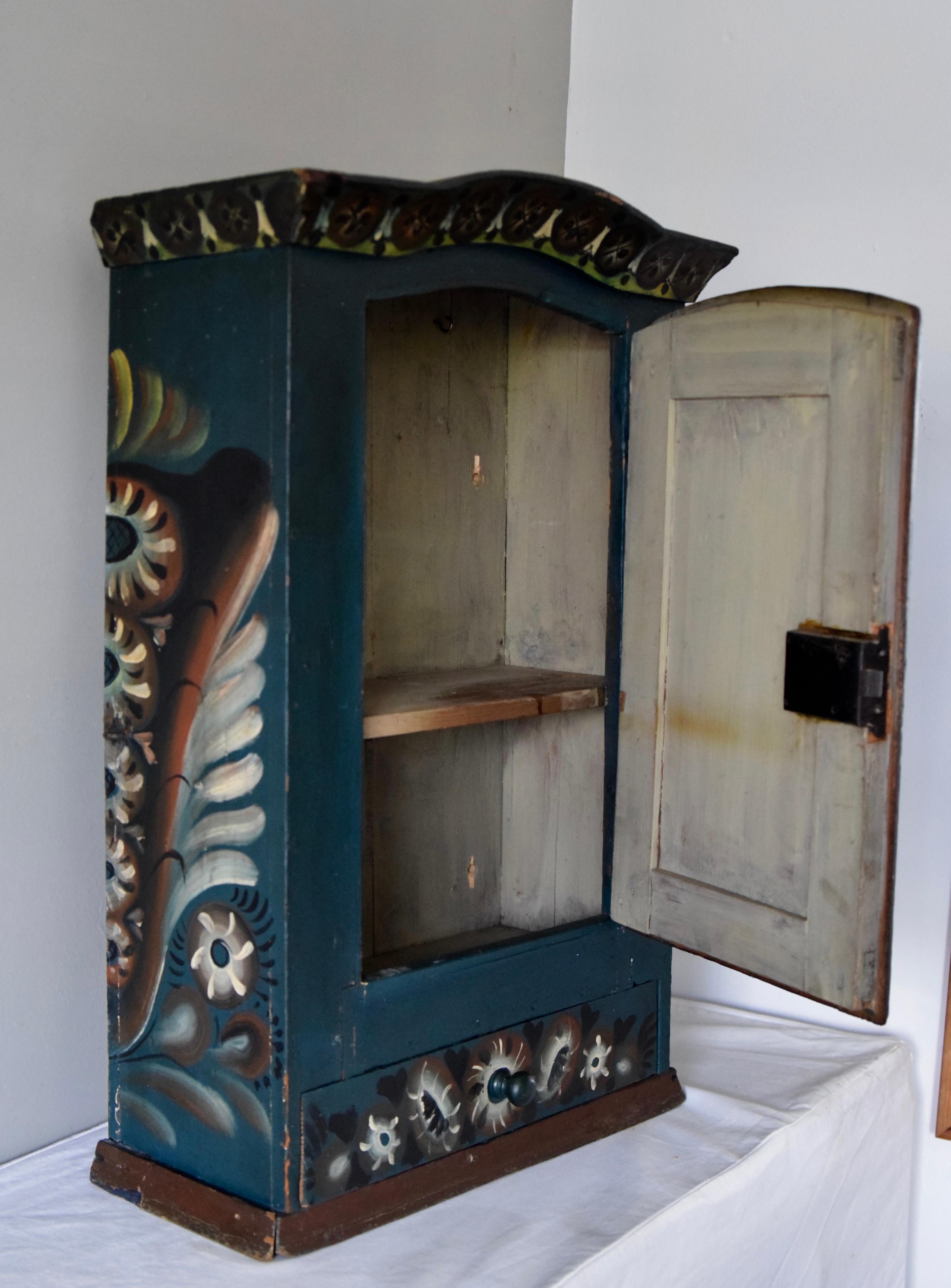 18th Century and Earlier Original Blue Painted Antique Folk Art Swedish Cabinet For Sale