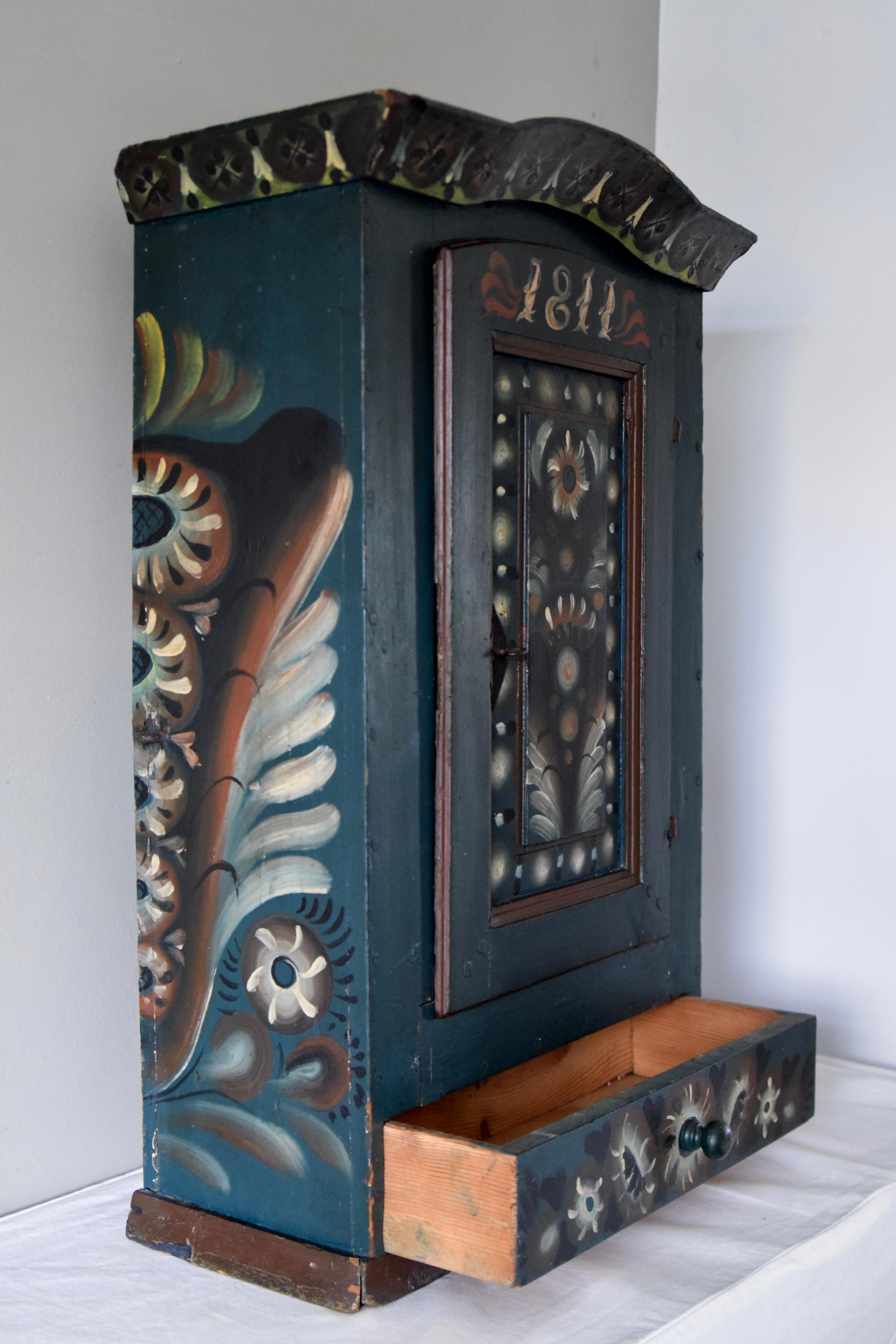 Pine Original Blue Painted Antique Folk Art Swedish Cabinet For Sale