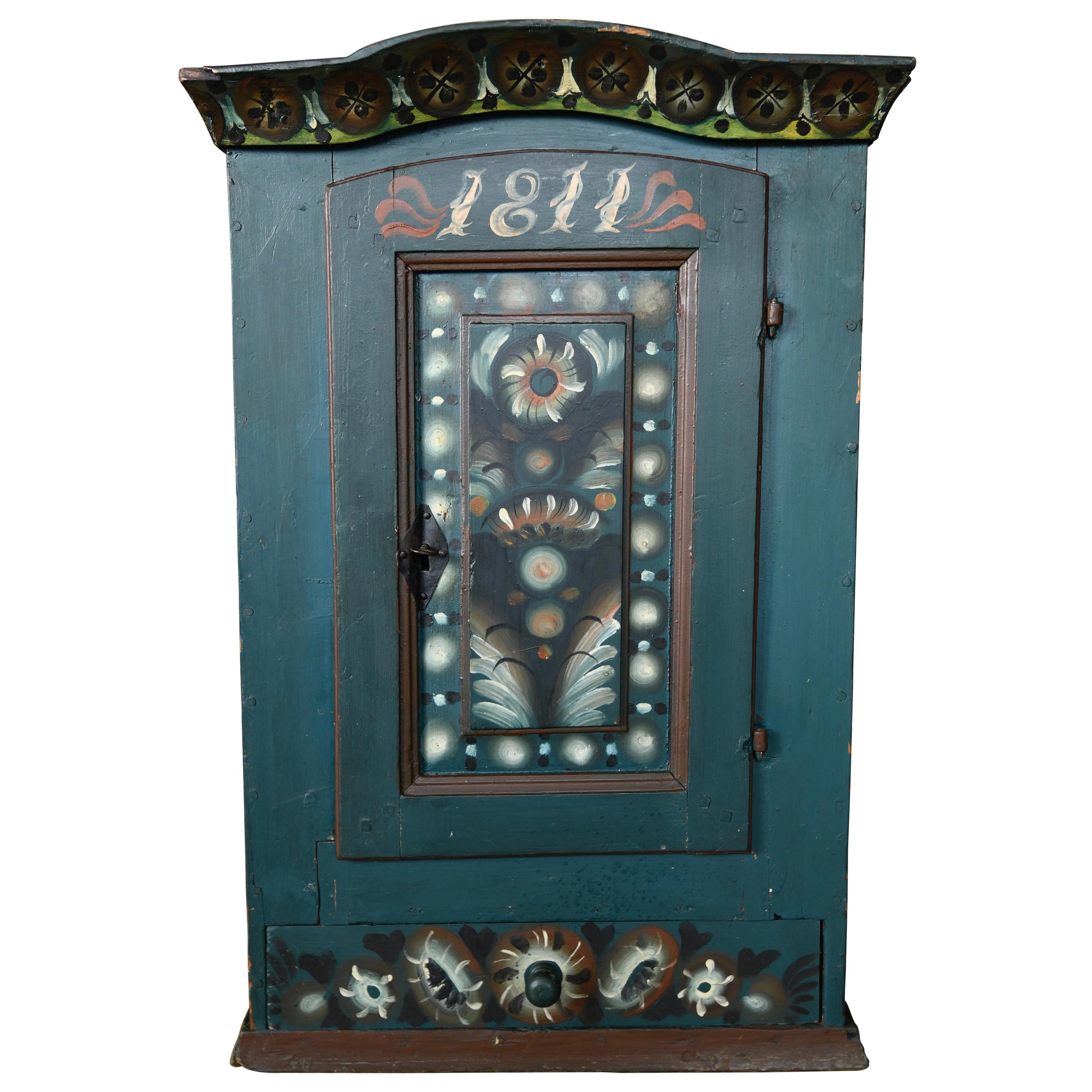 Original Blue Painted Antique Folk Art Swedish Cabinet For Sale