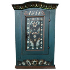 Original Blue Painted Antique Folk Art Swedish Cabinet